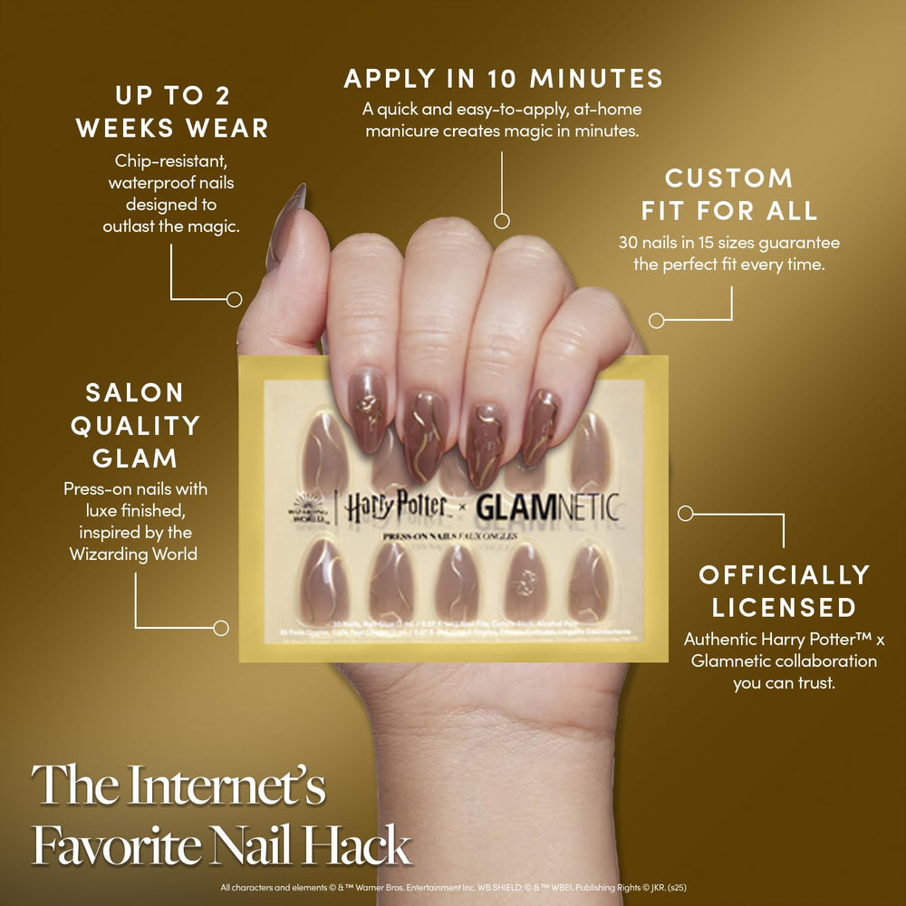 Glamnetic Golden Cup nails worn on hand in short almond shape.