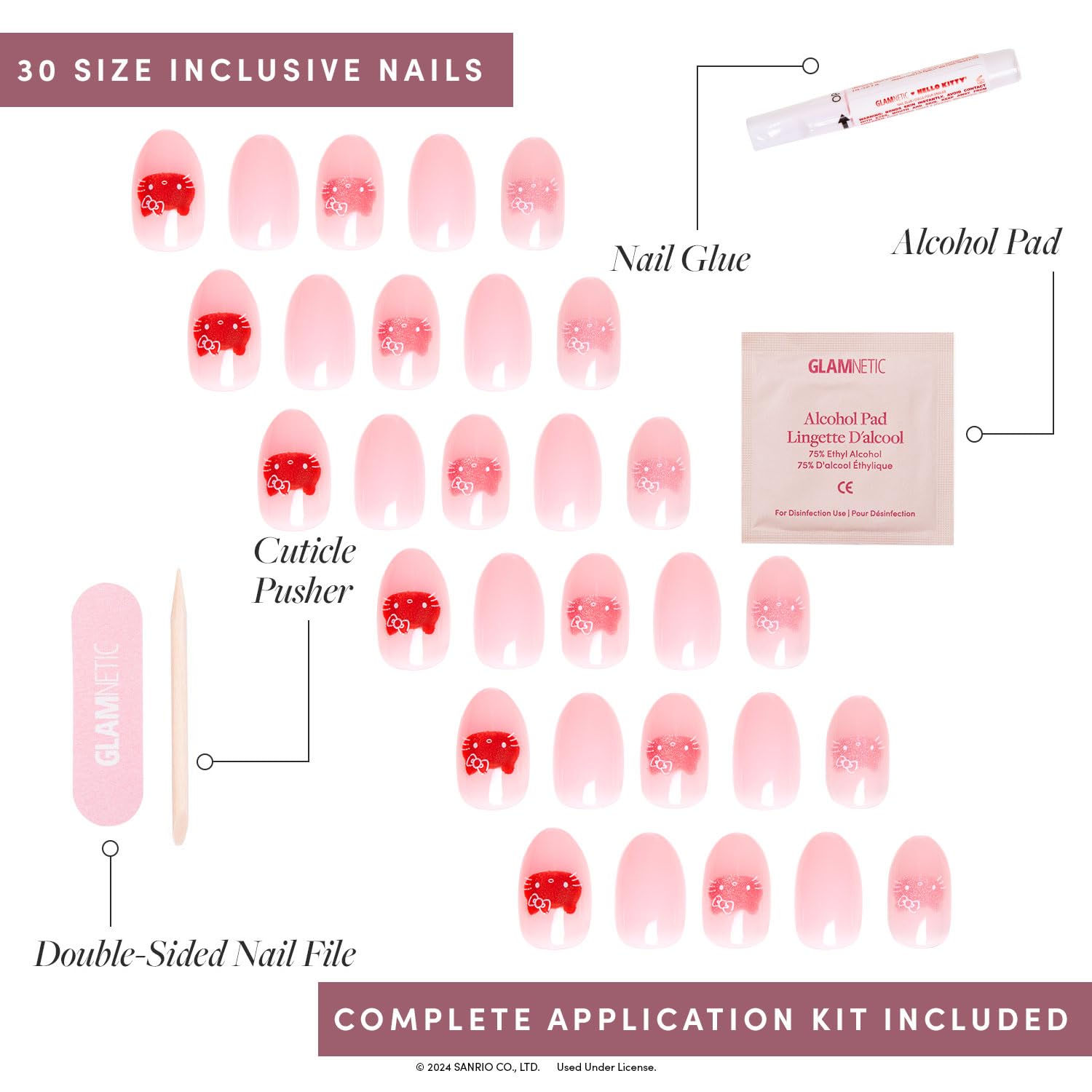 Glamnetic Hello Kitty nails set with 30 nails in 15 sizes and a storage box