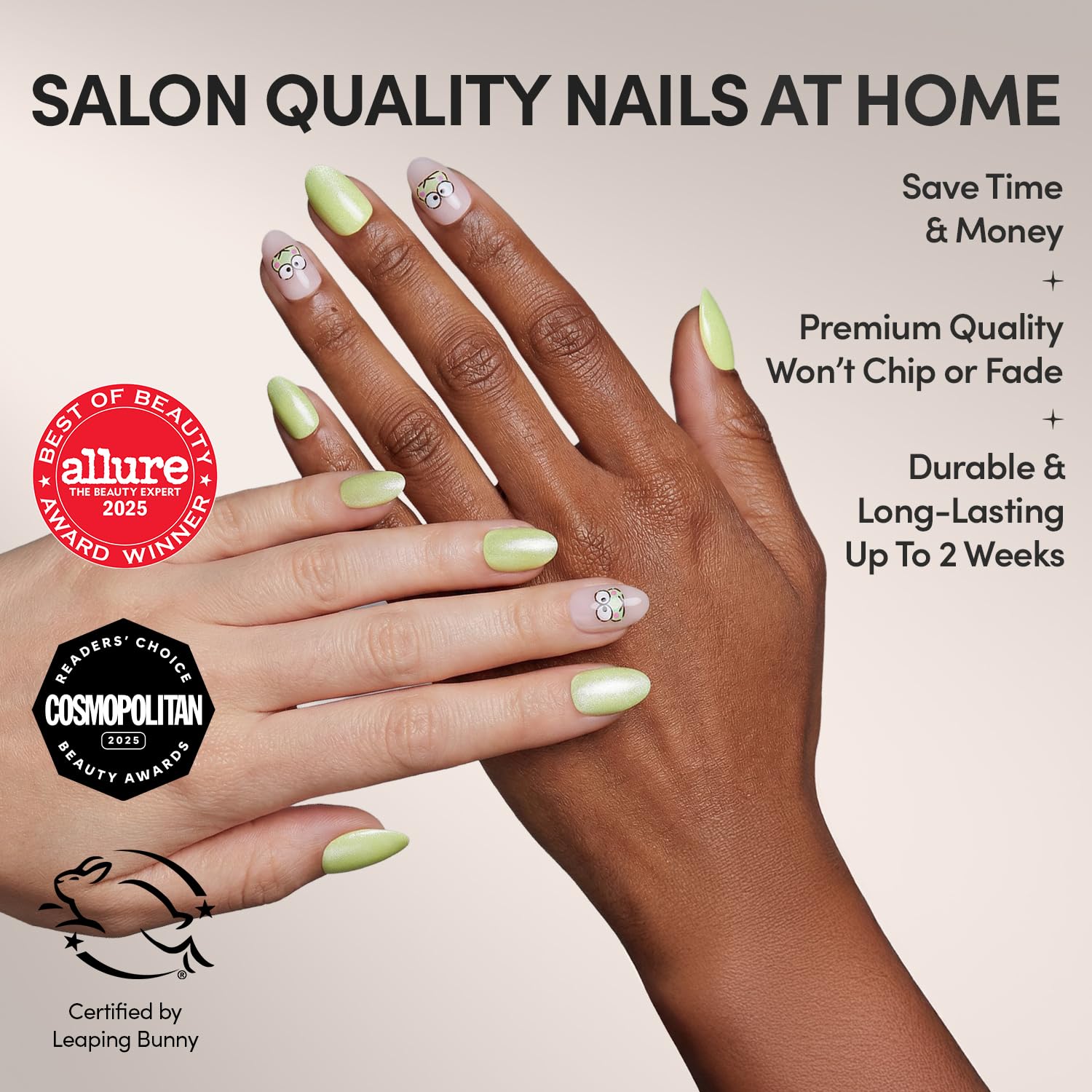 Glamnetic Keroppi graphic nails in pale-green short oval design for chic style.