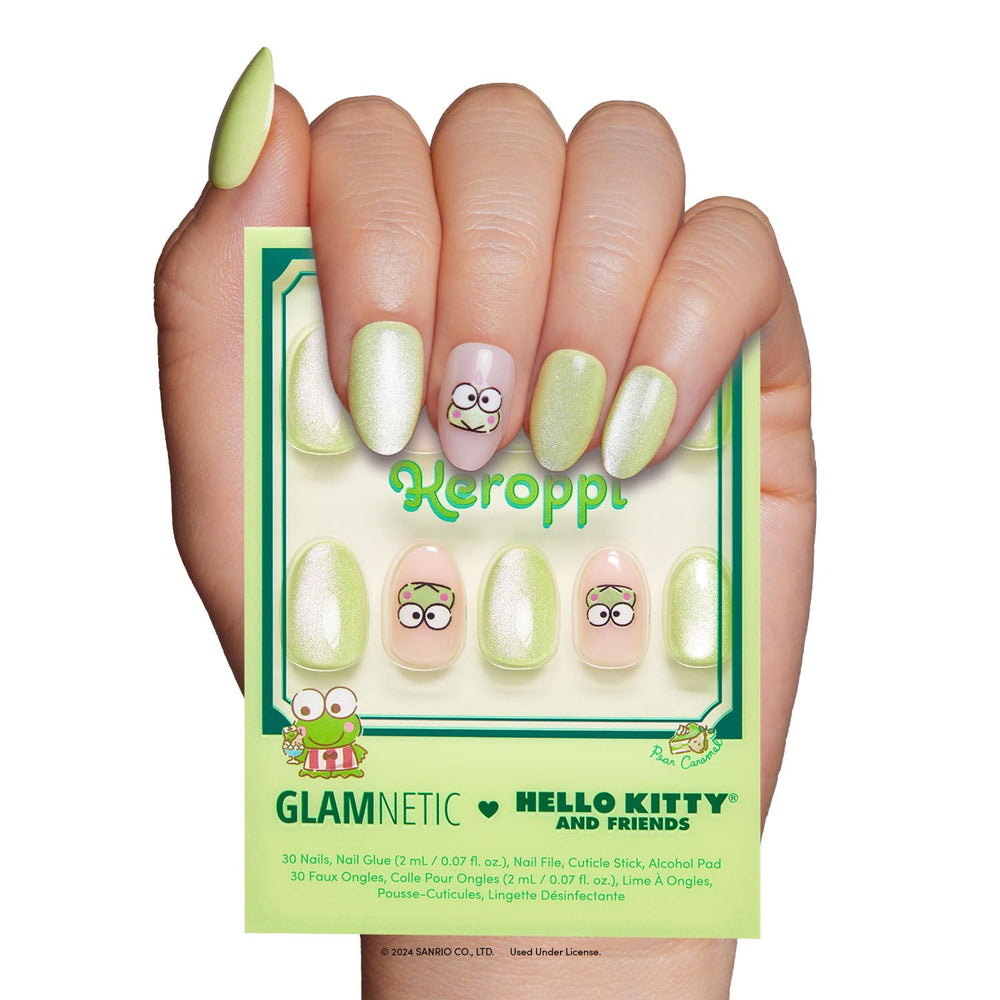 Glamnetic Keroppi velvet-green nails in a short oval shape for easy wear.