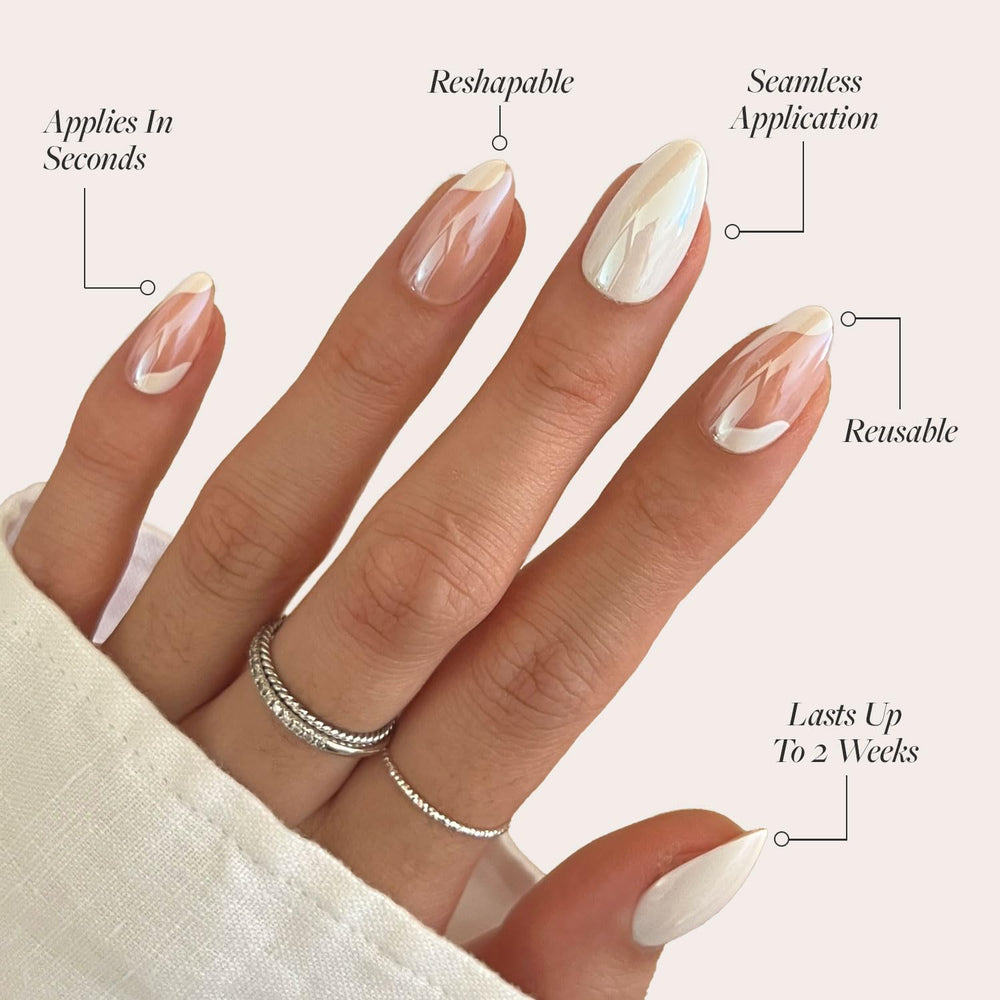 Glamnetic Lovey Dovey almond close-up highlighting durable, salon-quality press-ons.