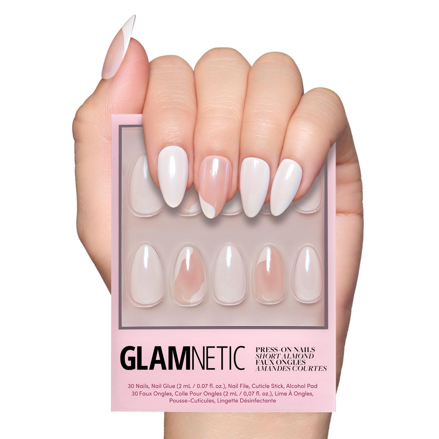 Glamnetic Lovey Dovey nails in glossy semi-transparent finish for a chic Valentine’s look.