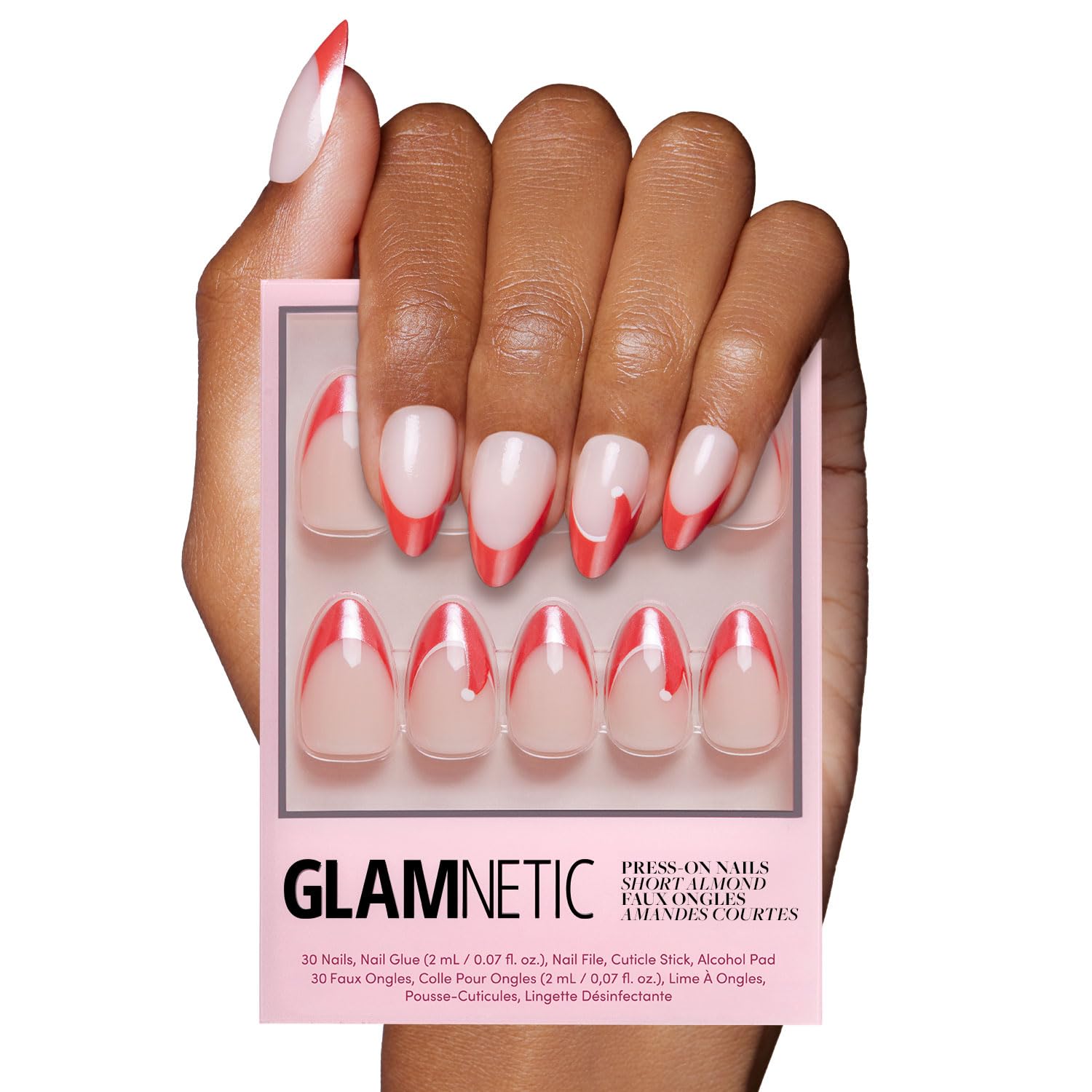 Glamnetic Mrs. Claus nails with Santa hat design for a festive manicure