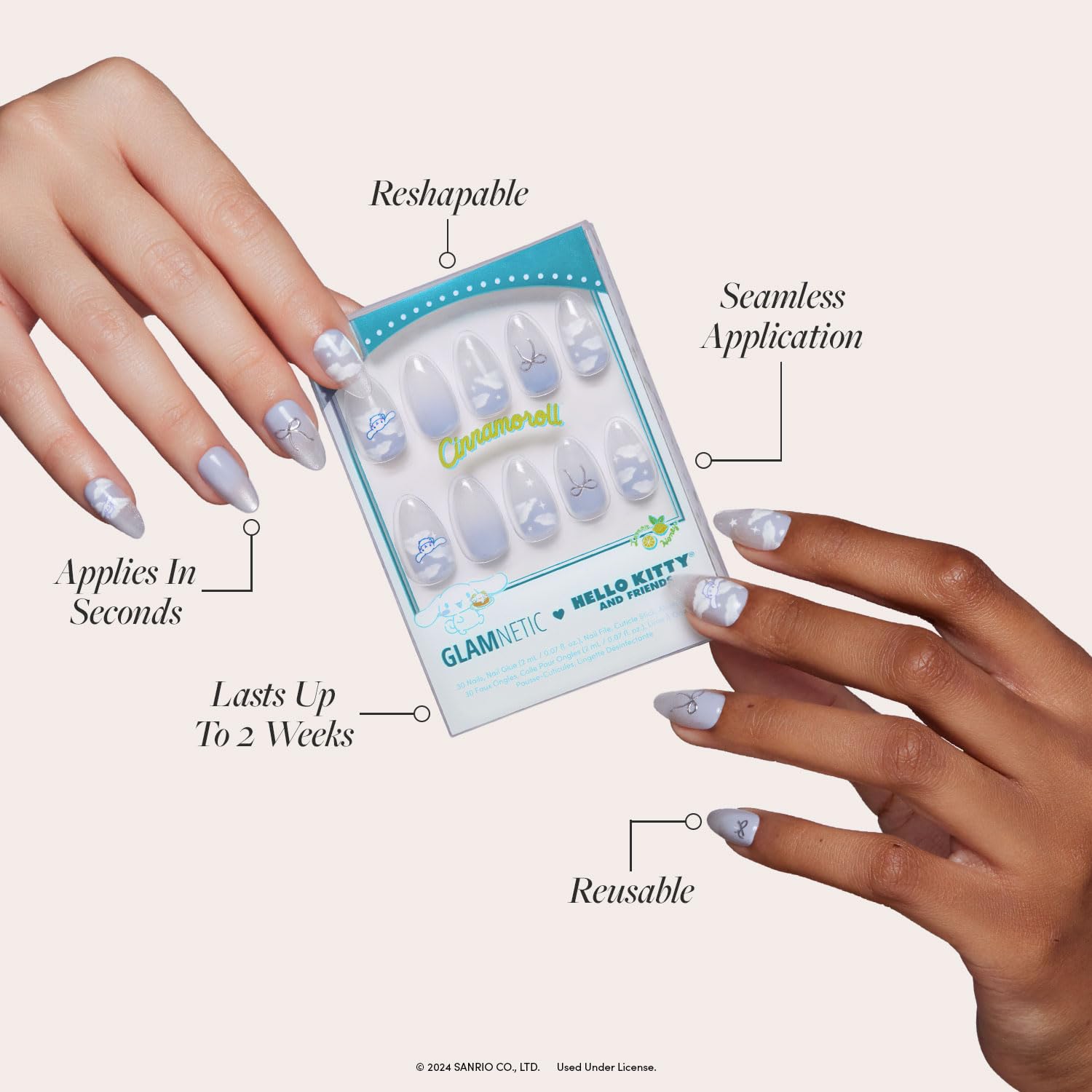 Cinnamoroll cloud design in pale blue velvet nails for subtle, stylish flair.
