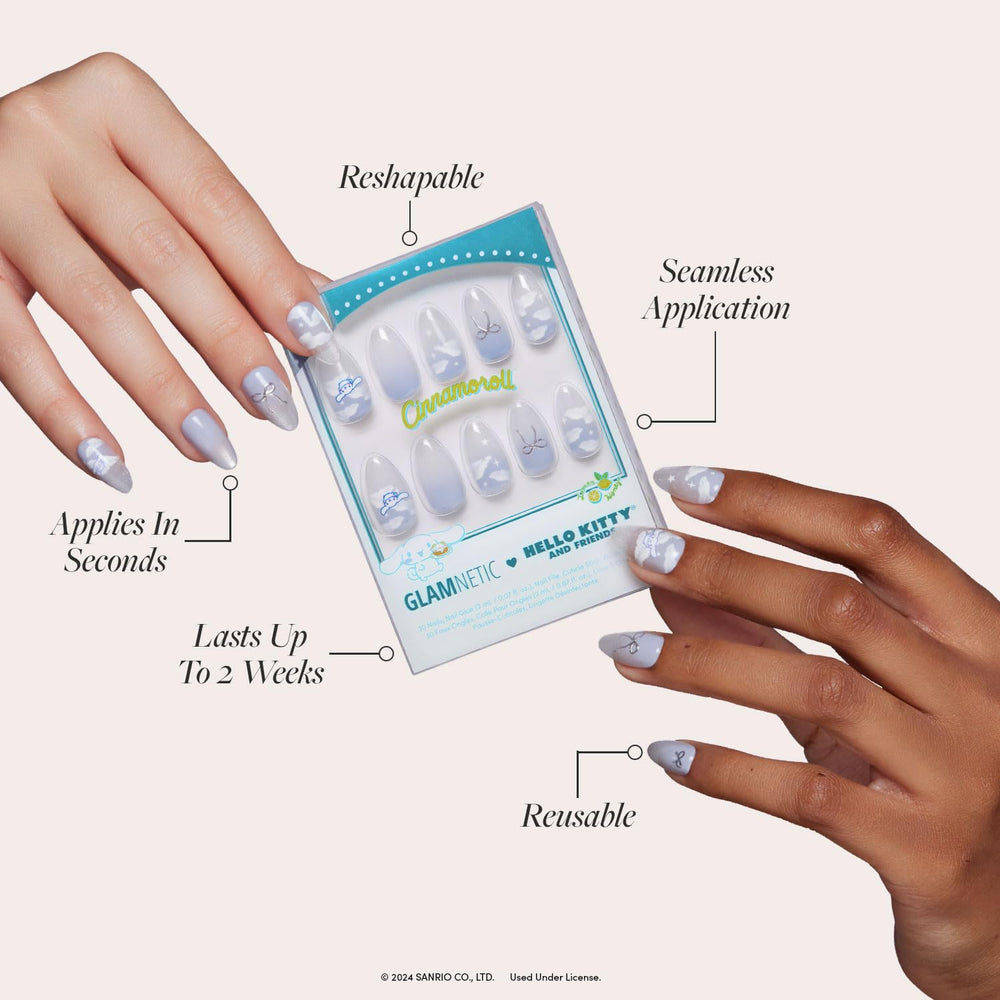 Cinnamoroll cloud design in pale blue velvet nails for subtle, stylish flair.