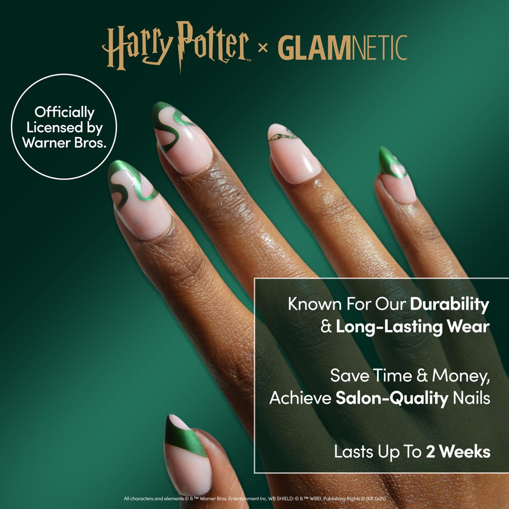 Parseltongue nails feature green snake graphic on chrome finish