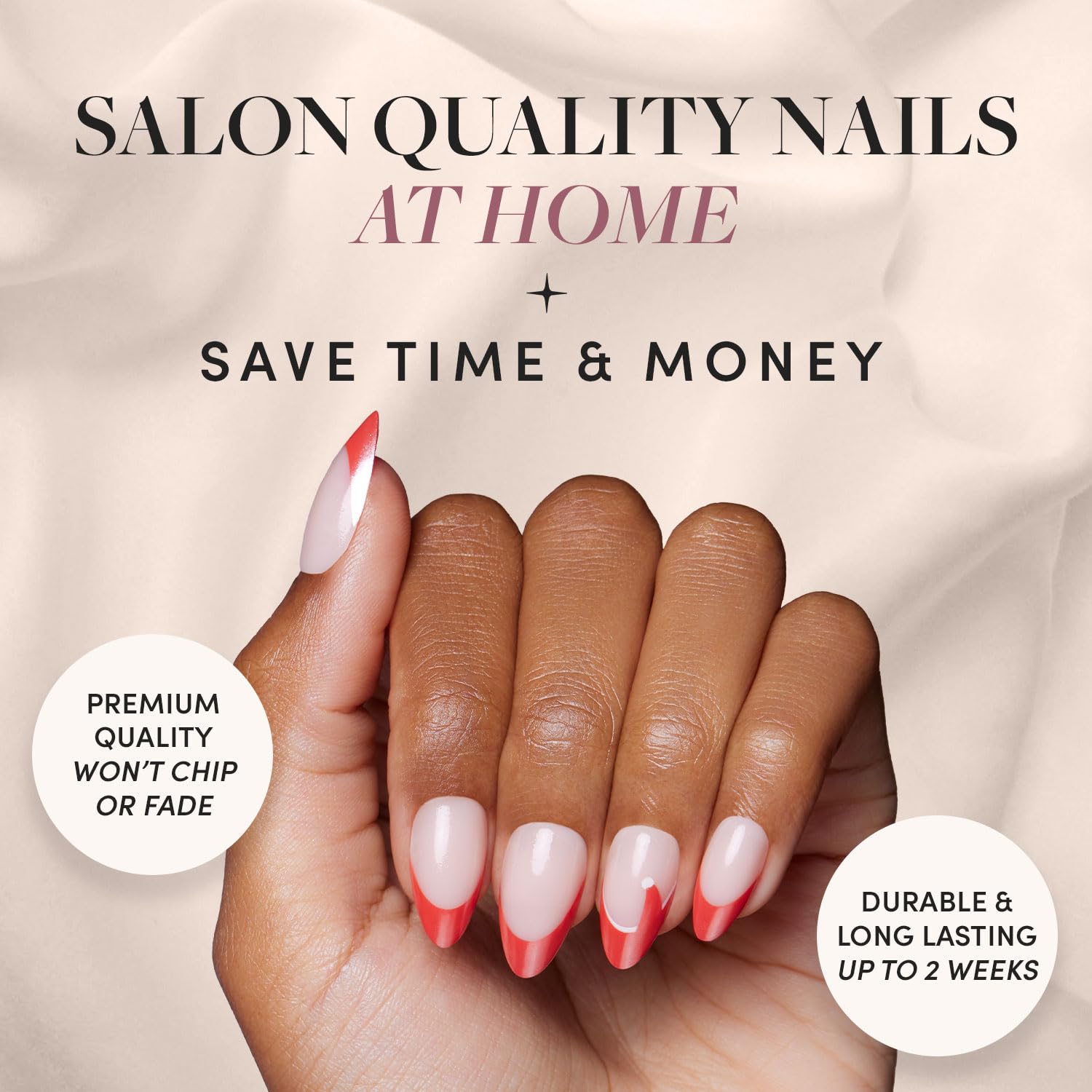 Glamnetic press-on nails in short almond silhouette for quick, durable manicure