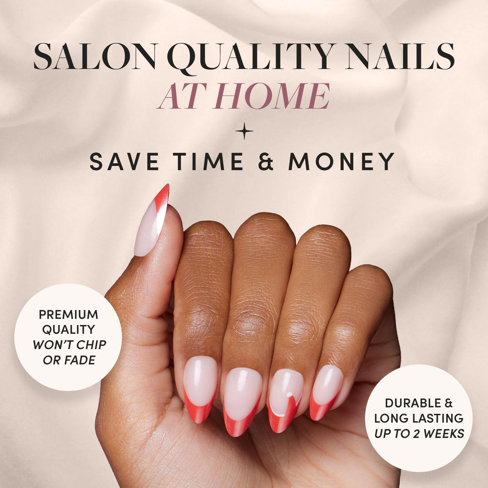 Glamnetic press-on nails in short almond silhouette for quick, durable manicure