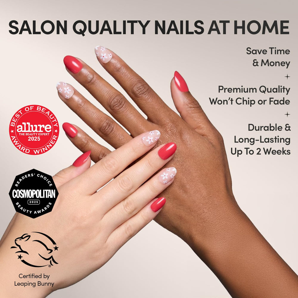 Glamnetic Red Blossom nails show matte floral accents for chic, romantic flair.