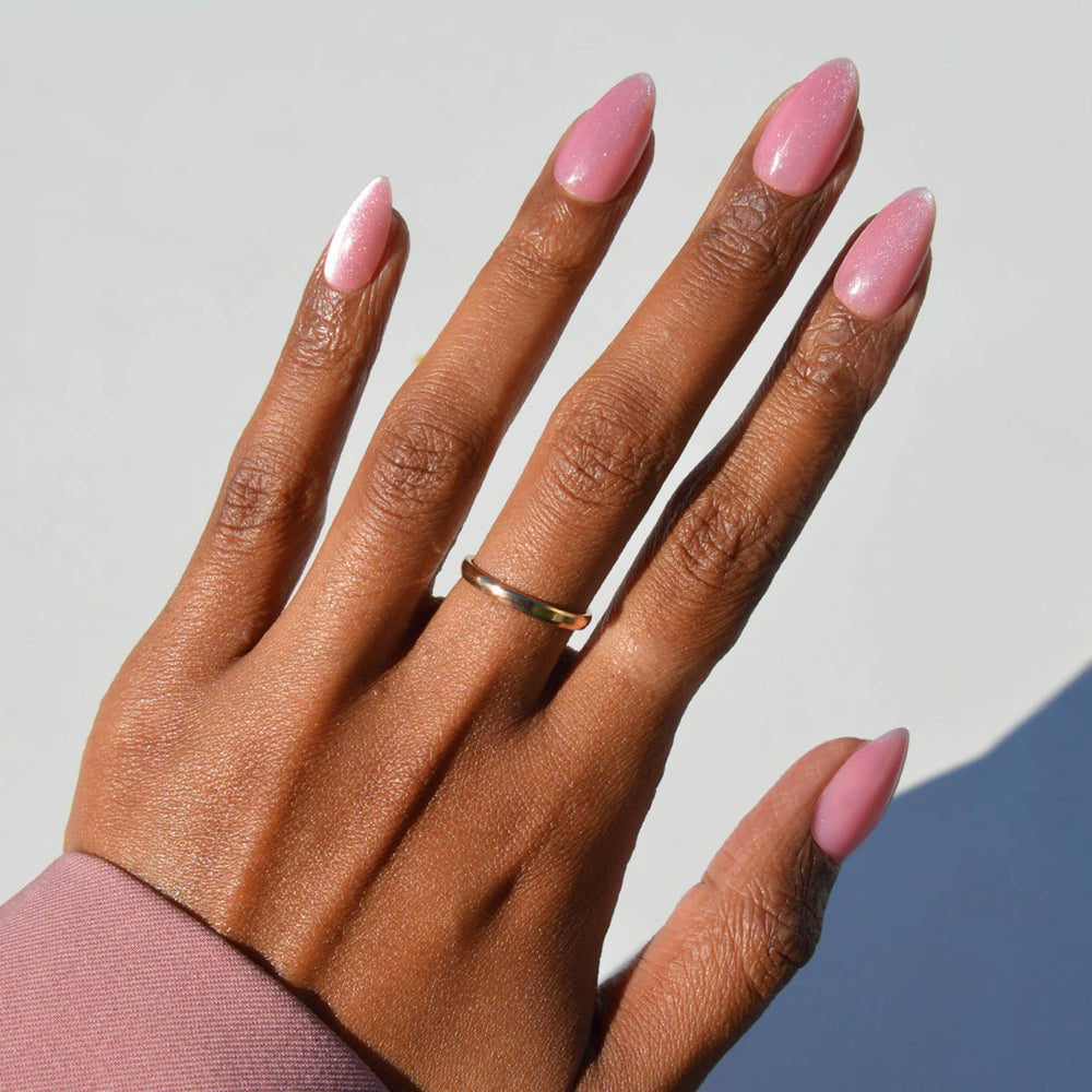 Glamnetic Shine For You nails with pink velvet base and silver tips for date-night glamour.