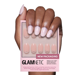 Glamnetic Silver Belle press-on nails with a glossy finish and 3D foil accents.