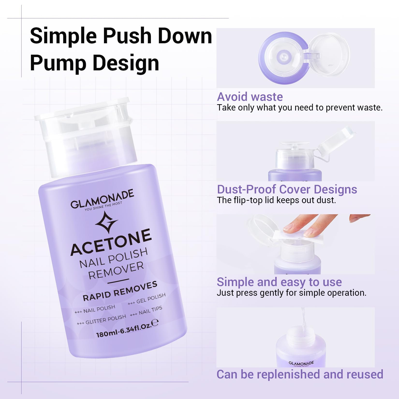 Glamonade acetone remover bottle highlighting 180ml capacity for home use.