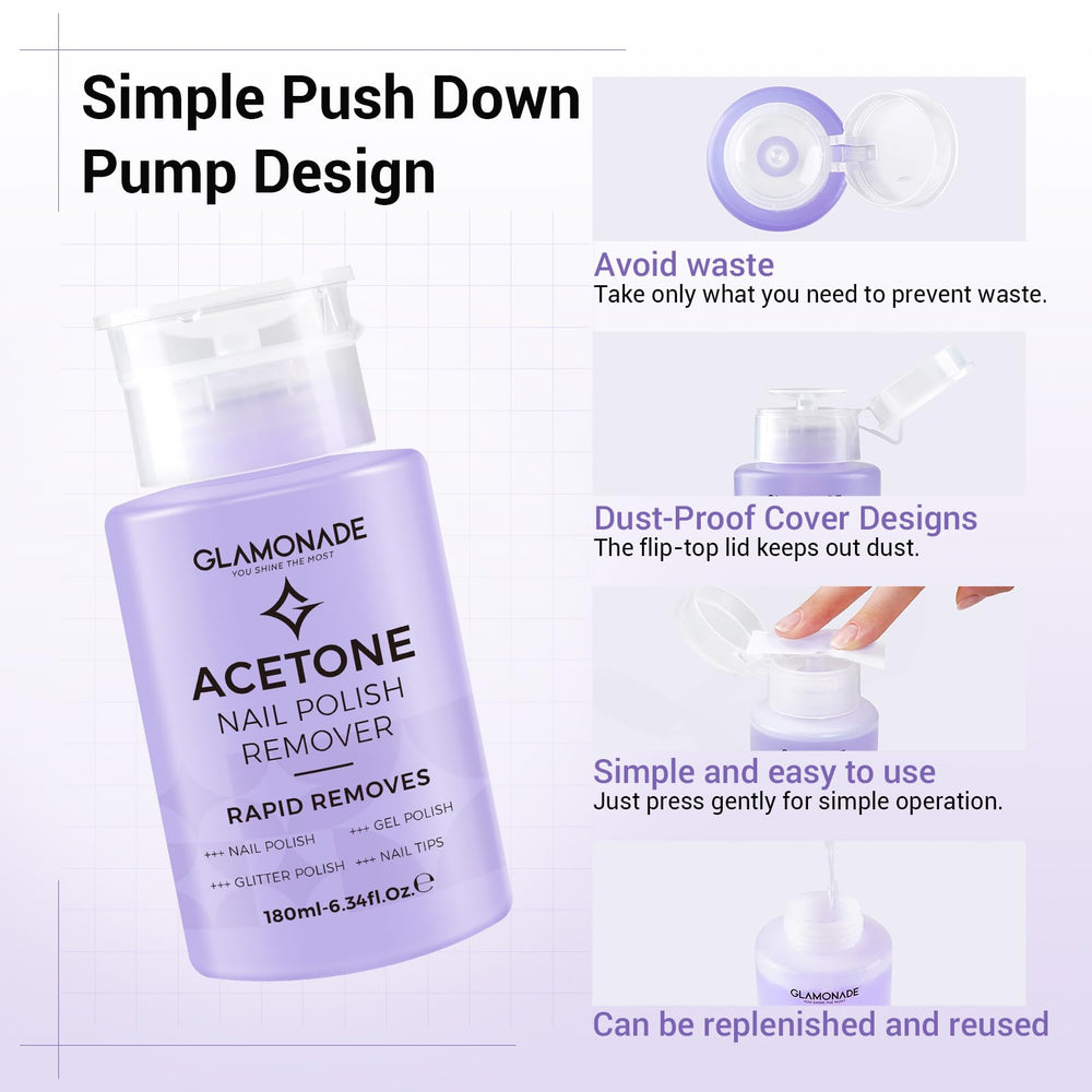 Glamonade acetone remover bottle highlighting 180ml capacity for home use.