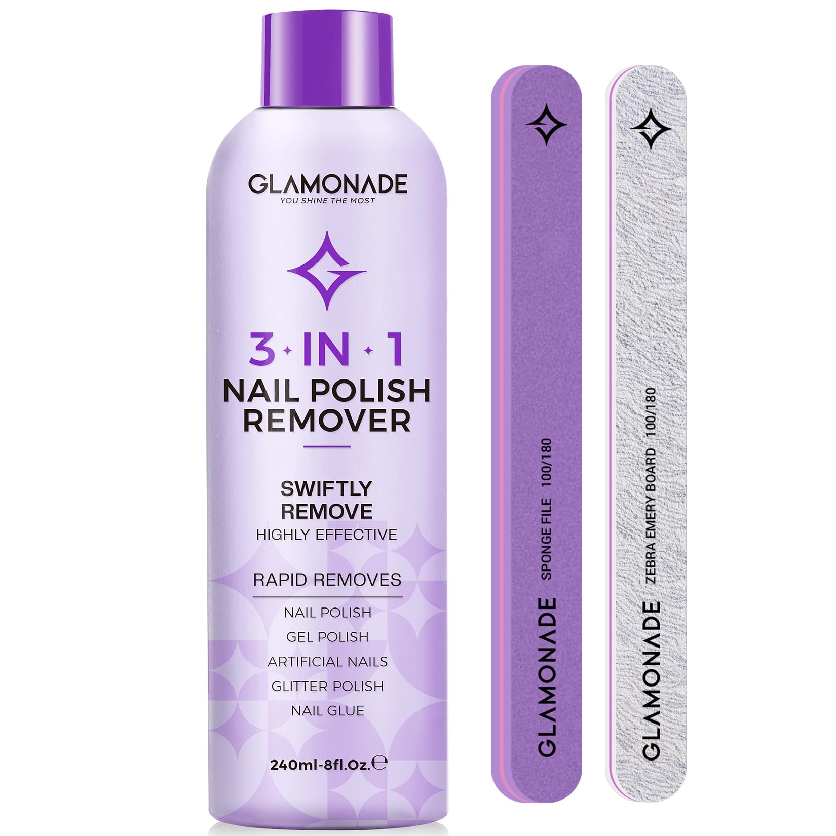 Glamonade acetone nail polish remover bottle for fast gel polish removal at home.