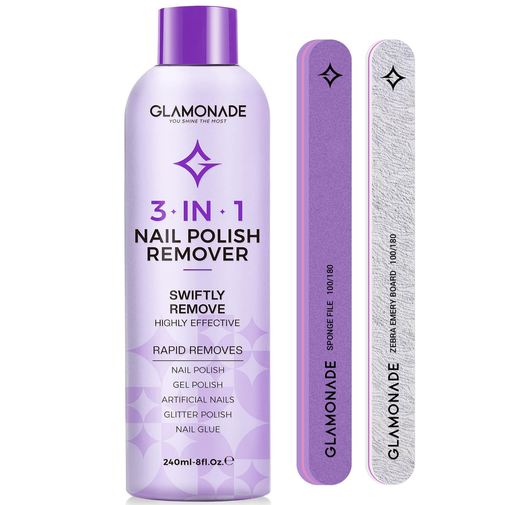 Glamonade acetone nail polish remover bottle for fast gel polish removal at home.