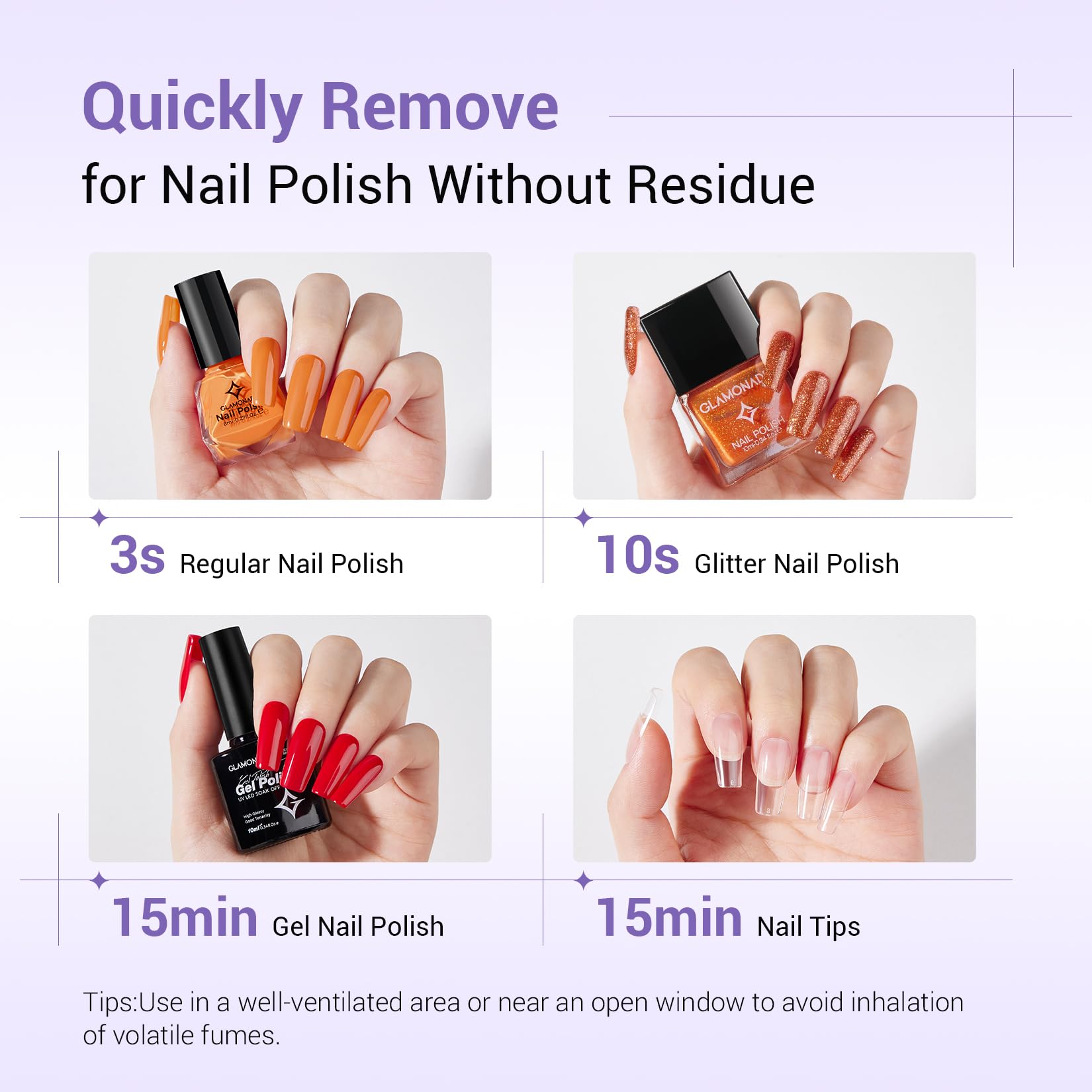 Glamonade remover demonstrates glitter polish removal capability.