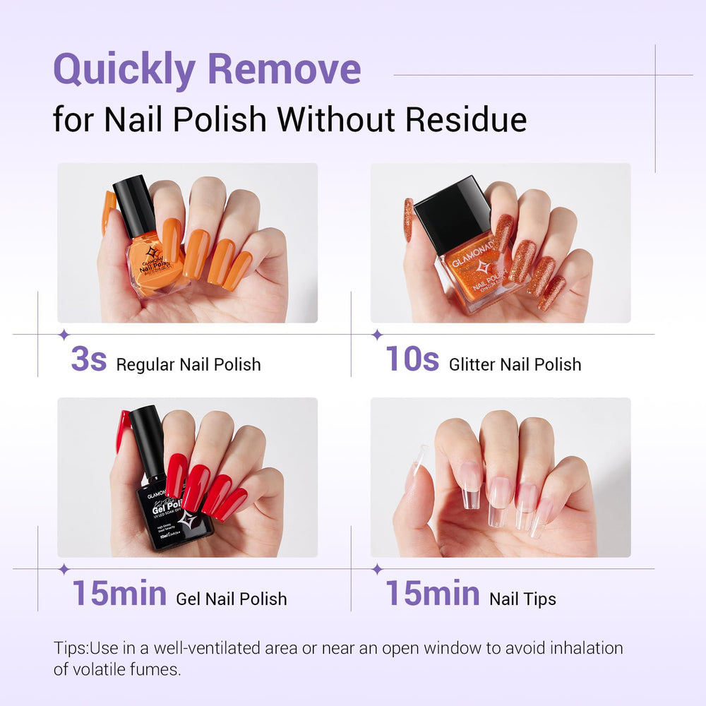 Glamonade remover demonstrates glitter polish removal capability.