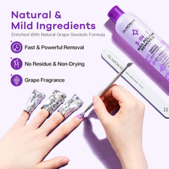 Glamonade remover label highlights grape seed oil for nourishing nails.