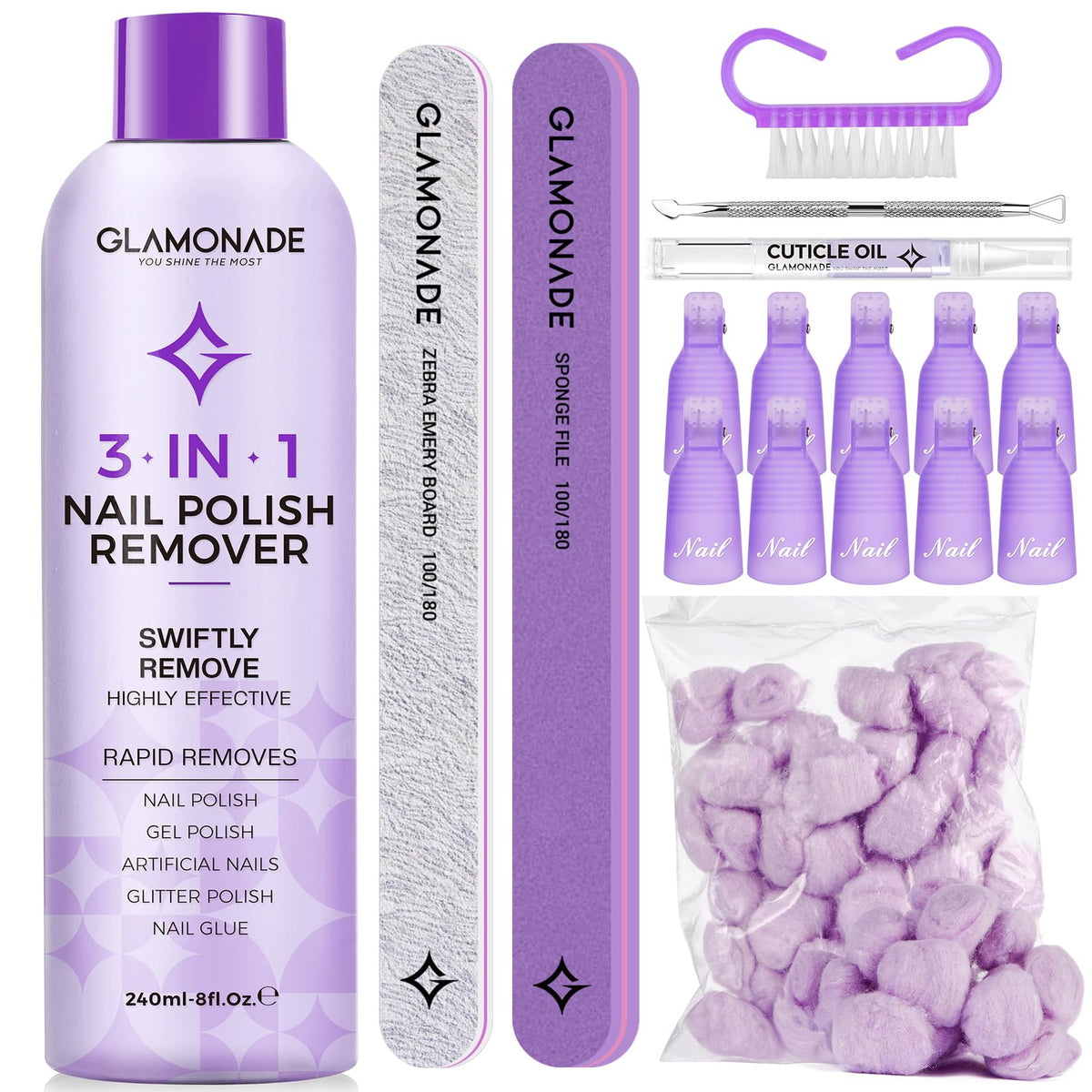 Glamonade acetone remover kit bottle demonstrates rapid gel polish removal and nourishment.