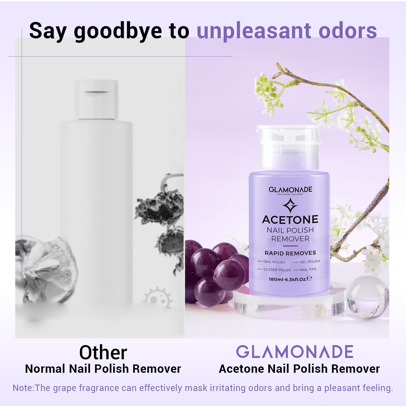 Glamonade packaging close-up emphasizing no residue claim after use.