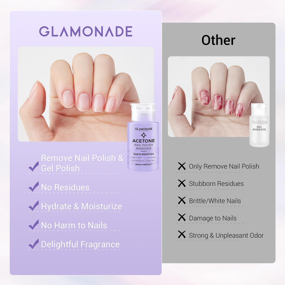 Glamonade acetone remover removes regular and gel polish quickly and effectively.