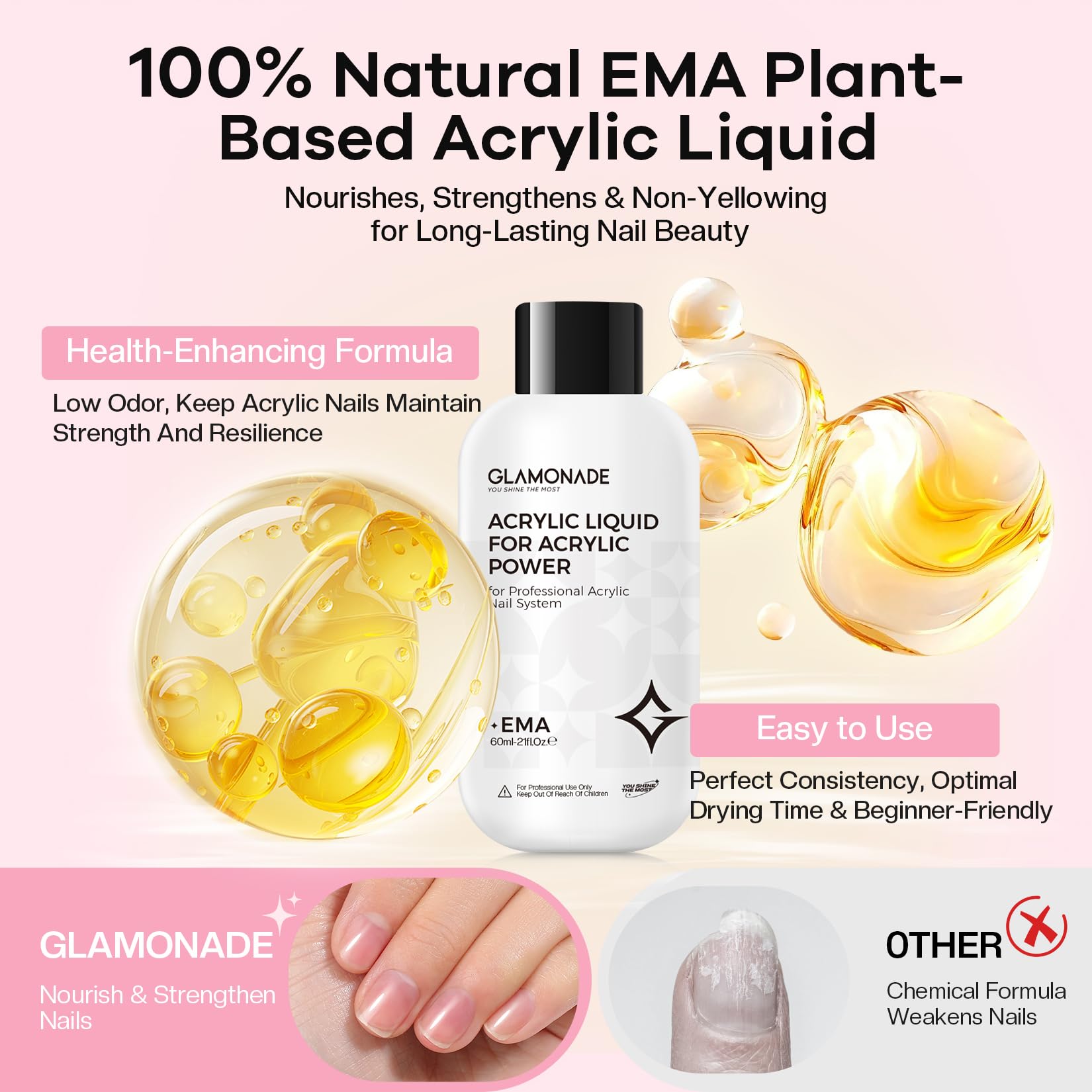 Glamonade acrylic liquid for smooth application and durable adhesion.