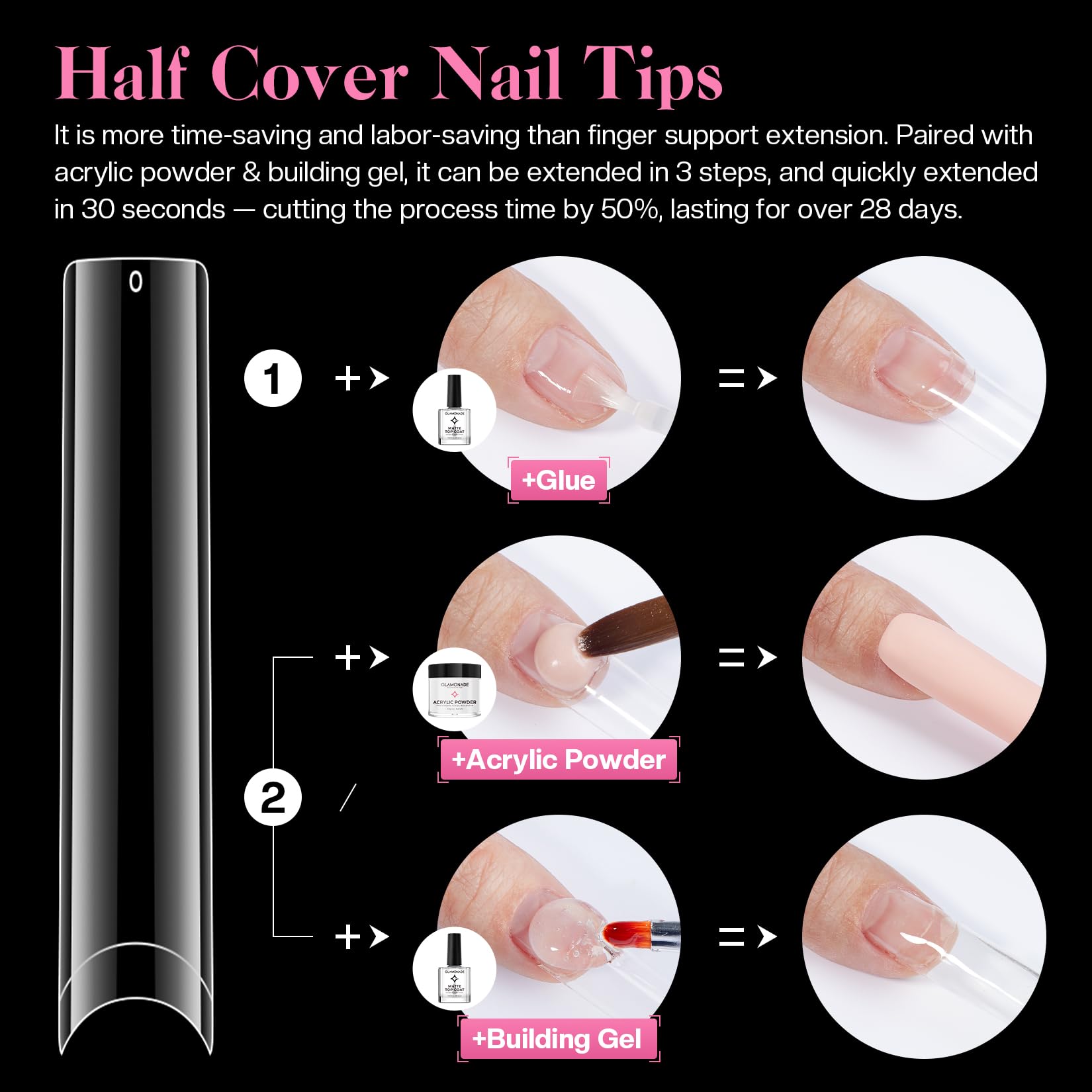 Glamonade Crack-resistant acrylic tips maintain color with various polishes.