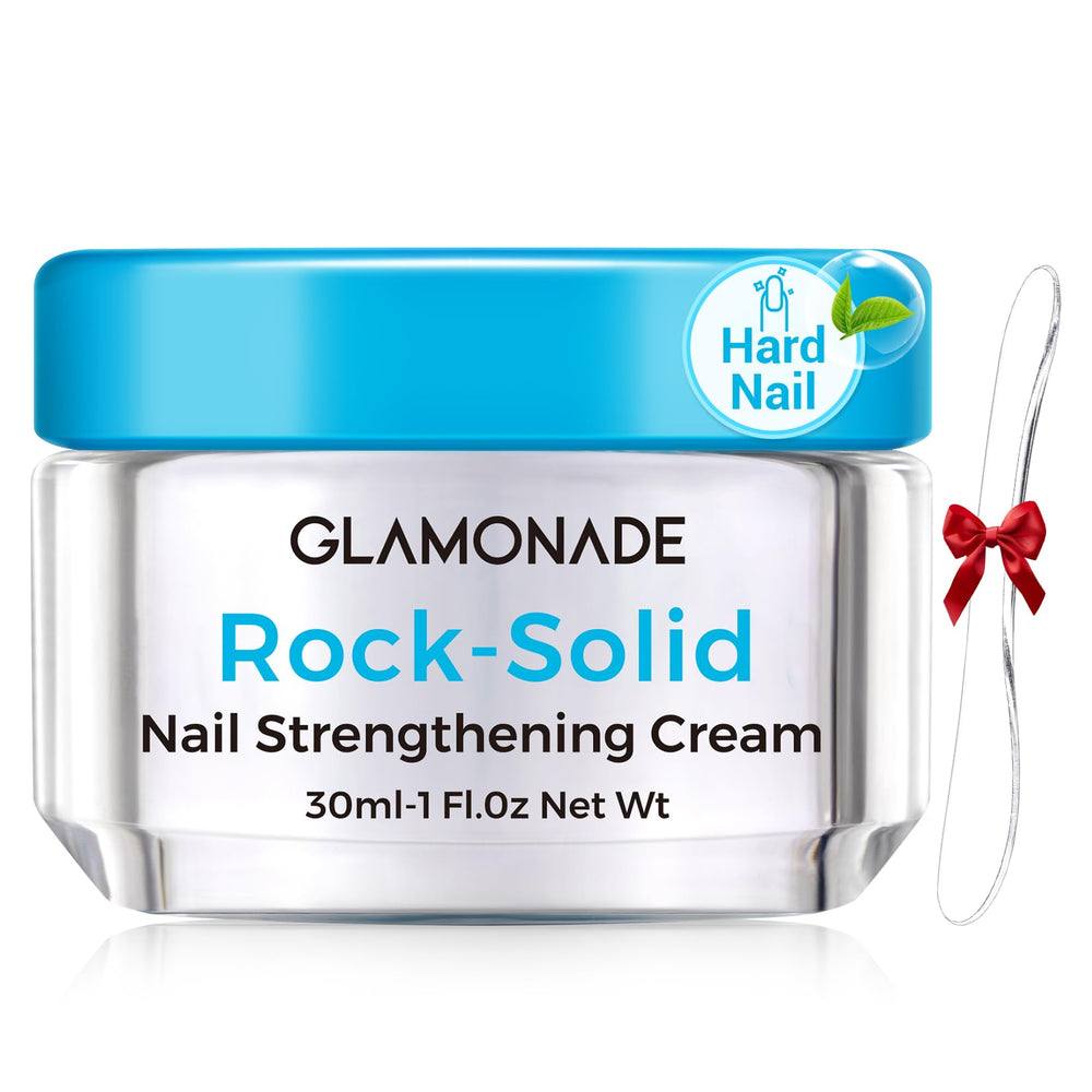 Glamonade Hard Nail Strengthening Cream bottle boosts home nail care.