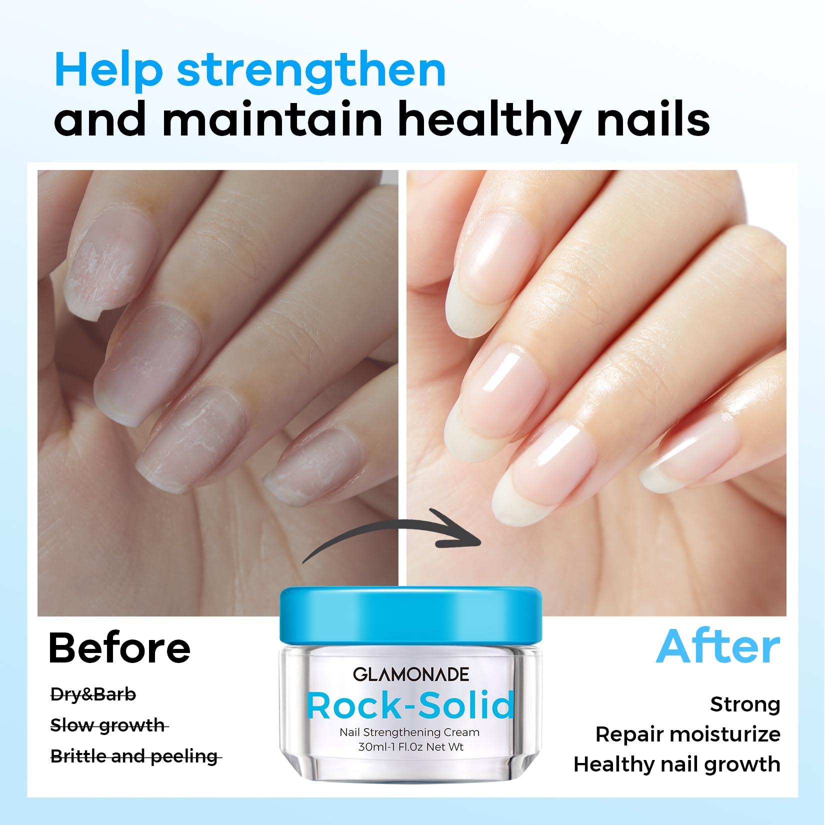Glamonade keratin calcium vitamin ingredients shown for strong, nourished nails.