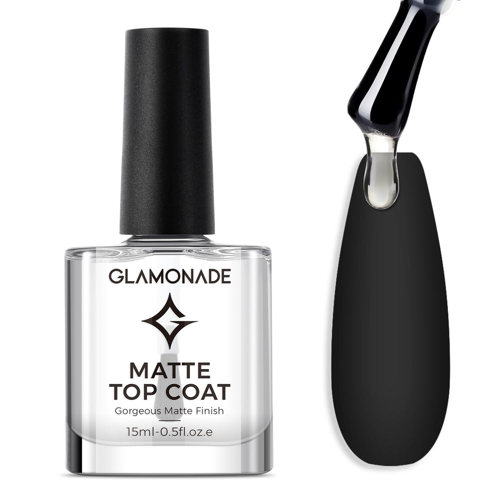 Glamonade Matte Top Coat bottle shows quick-dry clarity for easy application.