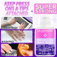 Glamonade nail glue with press-ons and acrylic nails ready for DIY manicure.