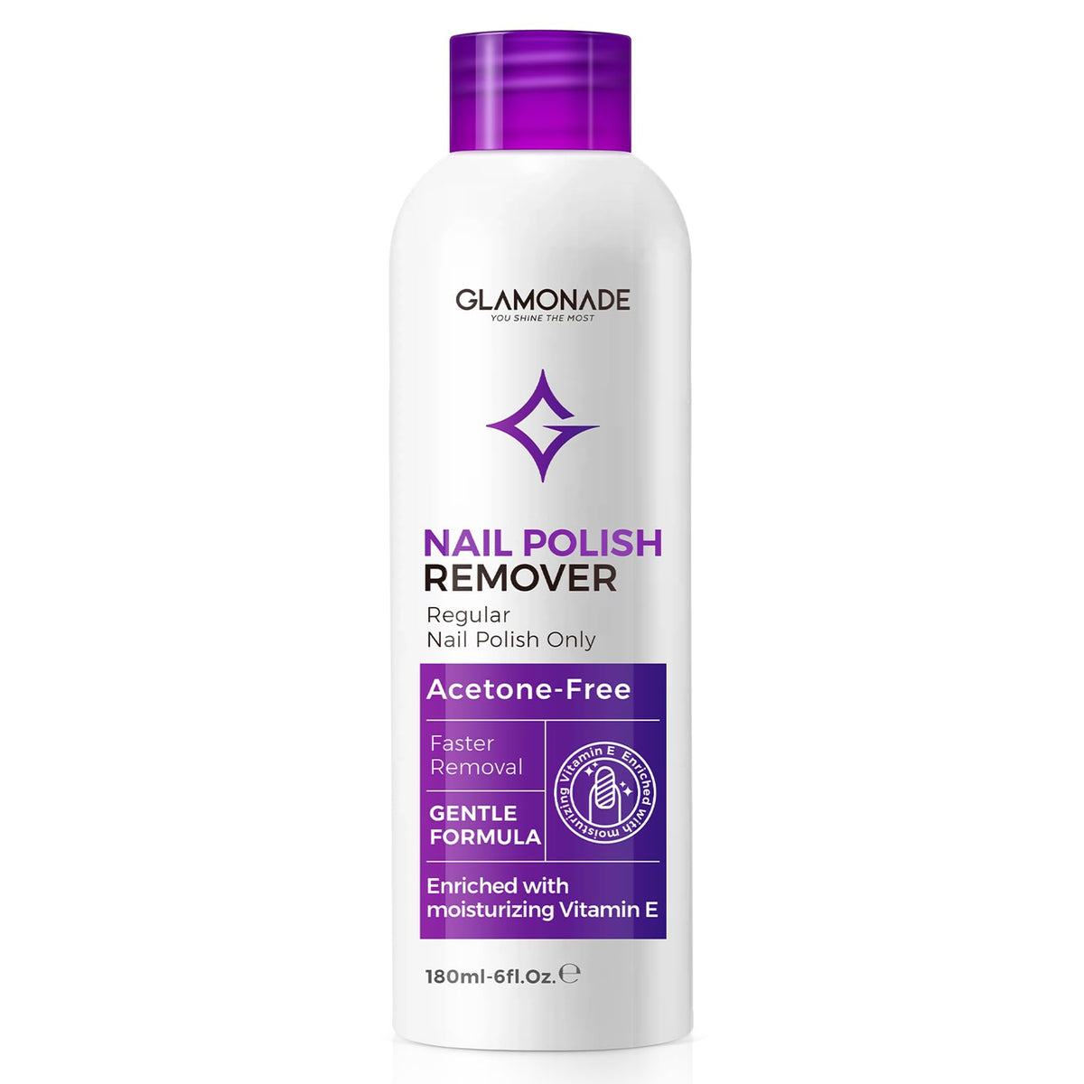 Glamonade Nail Polish Remover bottle front showing acetone-free formula for gentle polish removal.