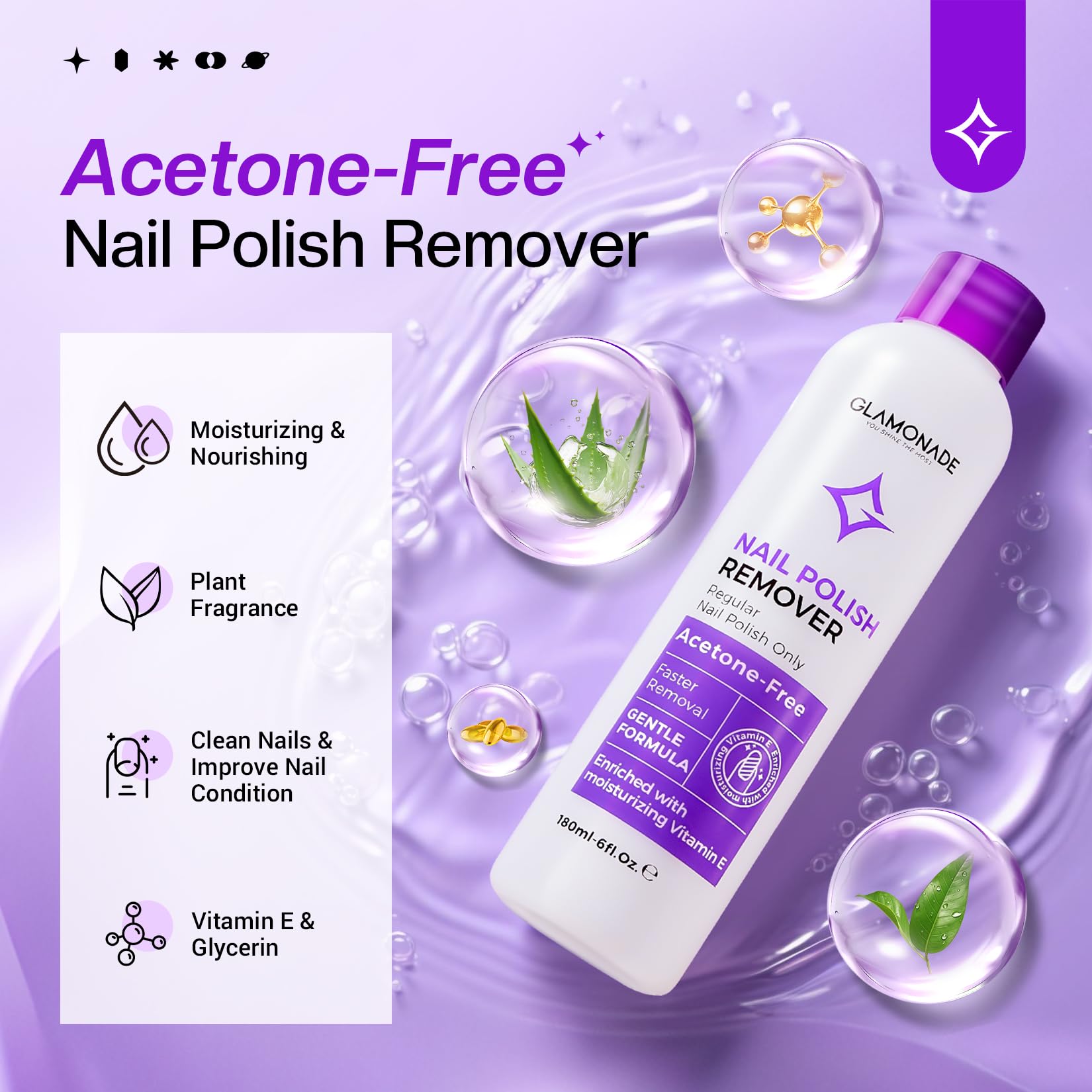 Glamonade Nail Polish Remover bottle side highlighting non-drying, hydrating formula for nails.