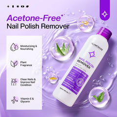 Glamonade Nail Polish Remover bottle side highlighting non-drying, hydrating formula for nails.