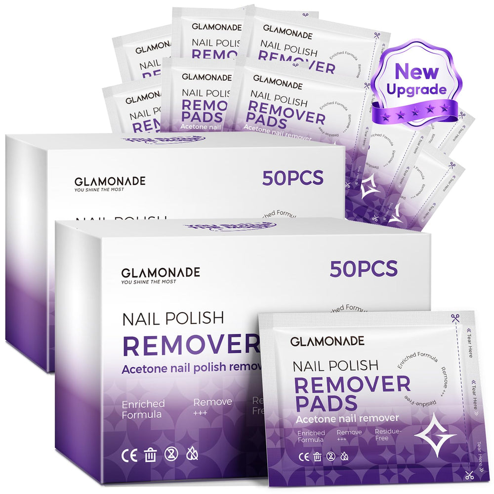 Glamonade nail remover pads shown with large sheets for fast, residue-free polish removal.