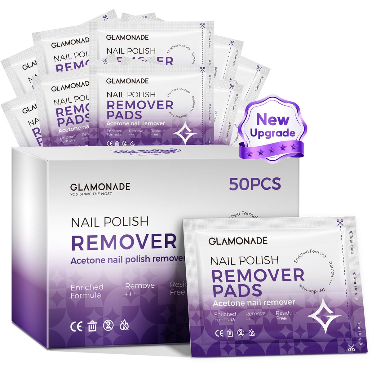 Glamonade nail polish remover pads packaging demonstrates bulk value for home or salon use.