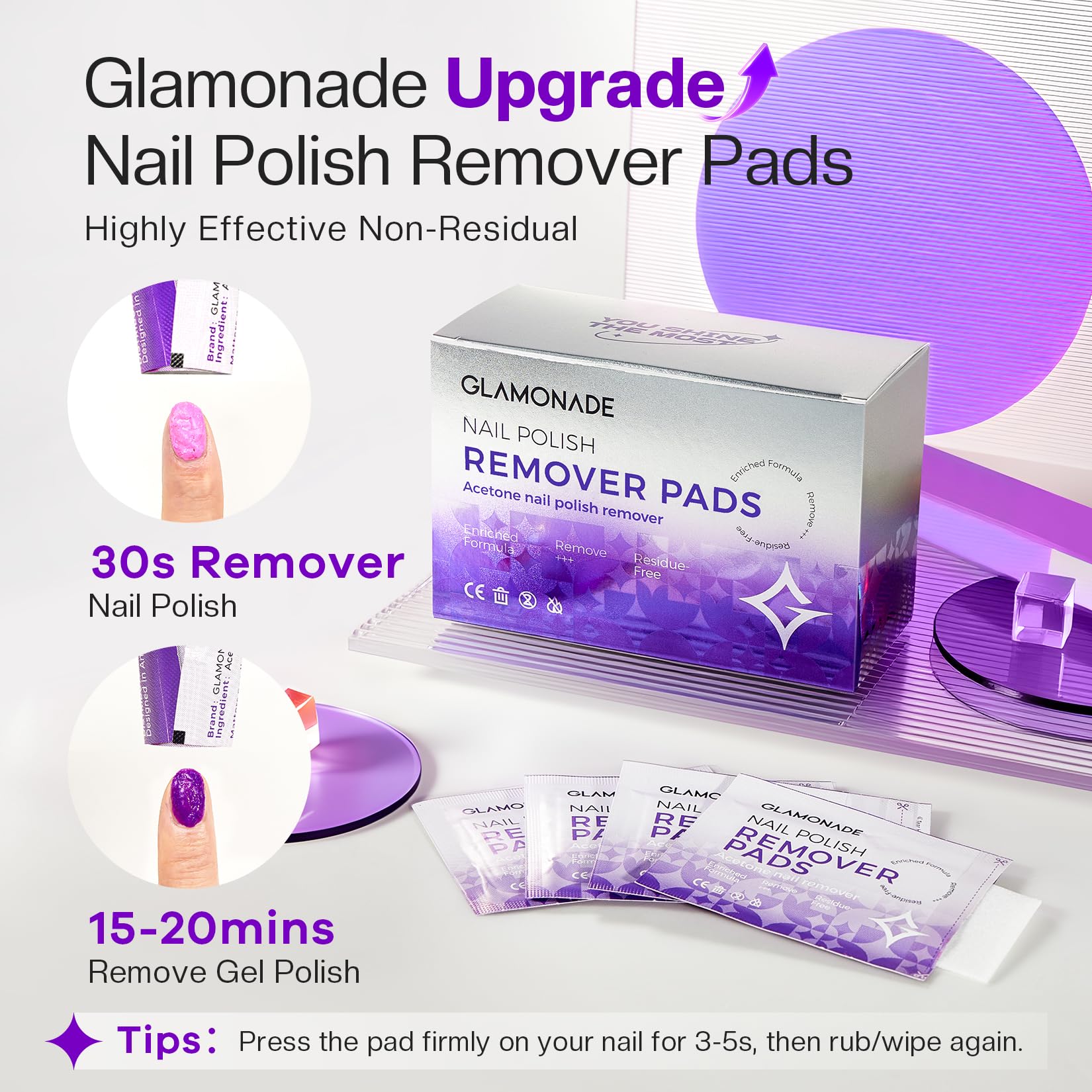 Packaged individually, Glamonade pads stay fresh for travel and on-the-go touch ups.