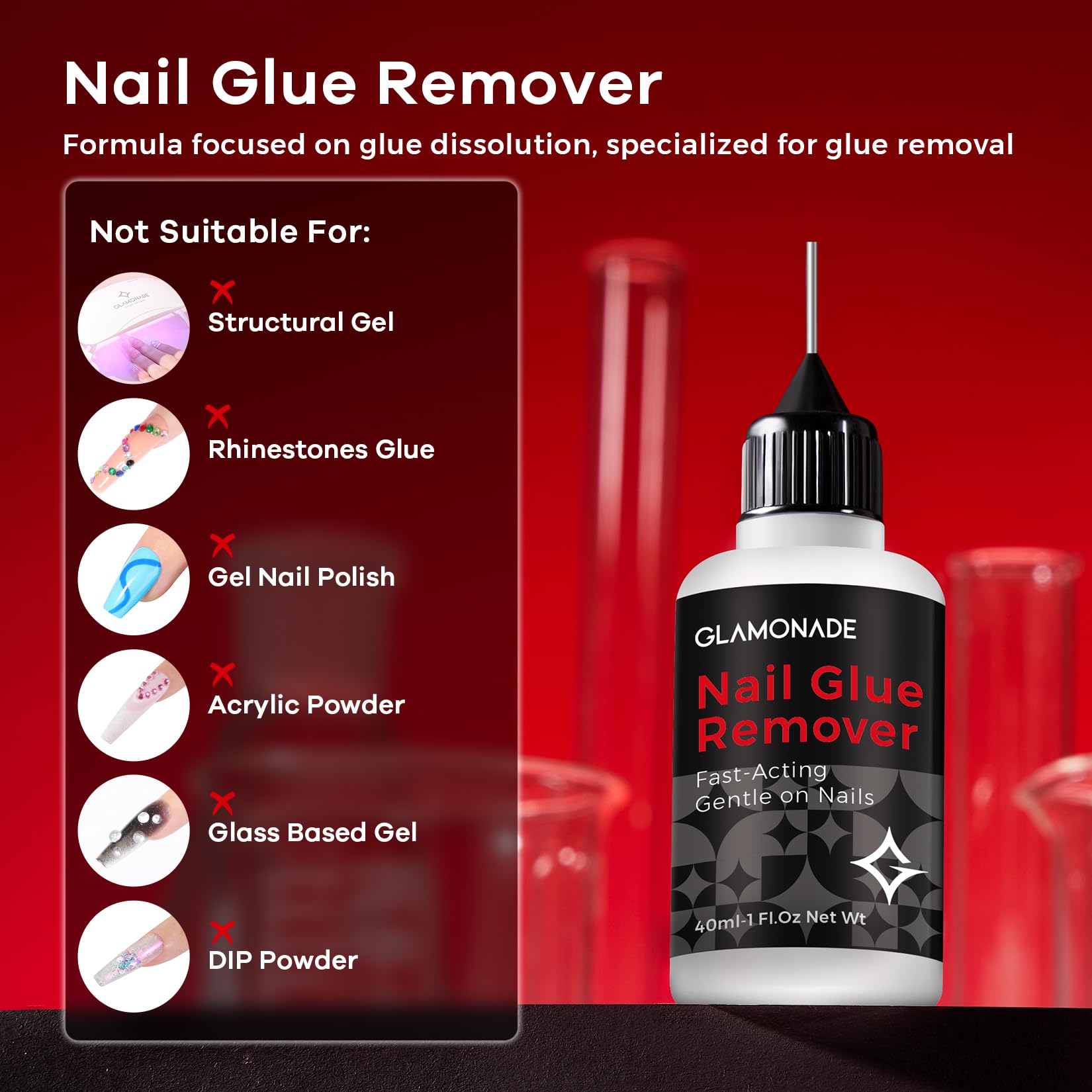 Glamonade Pinpoint Nail Glue Remover aids nail-art removal with precise application.