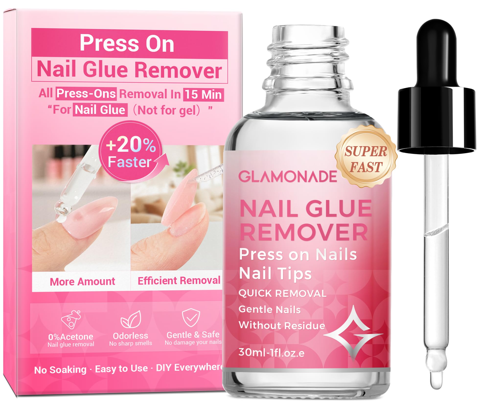 Glamonade nail glue remover bottle pour demonstrates quick, gentle removal for press-ons