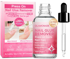 Glamonade nail glue remover bottle pour demonstrates quick, gentle removal for press-ons