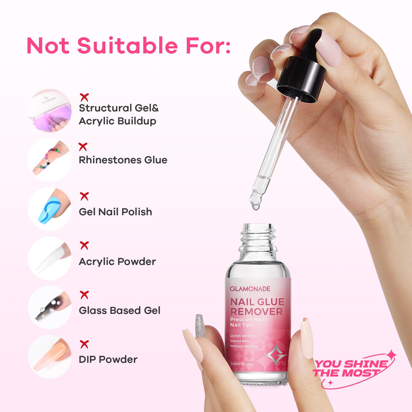 Glamonade remover packaging highlights 30ml size and non-acetone formulation
