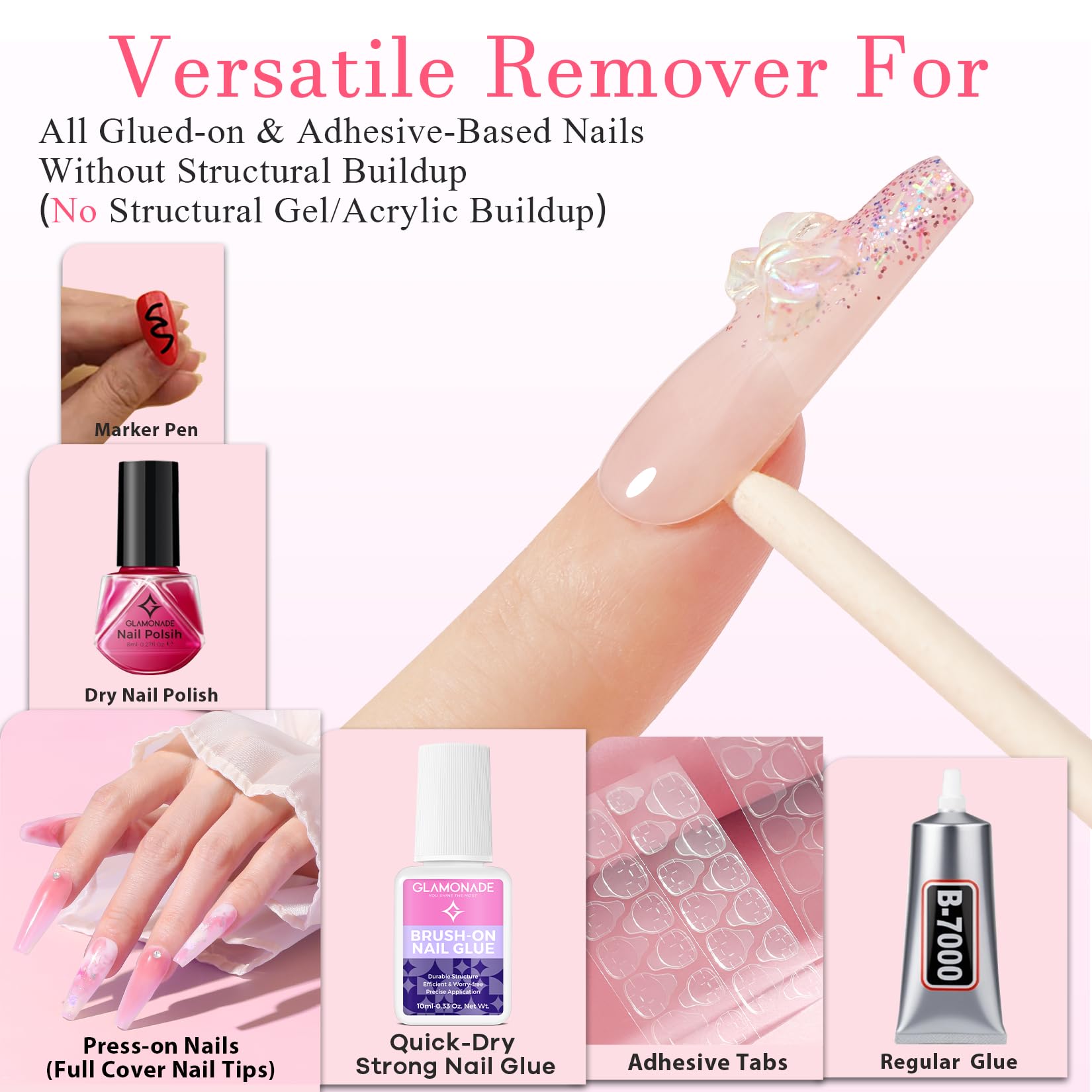 Glamonade remover with press-on nails shows speedy removal without soaking