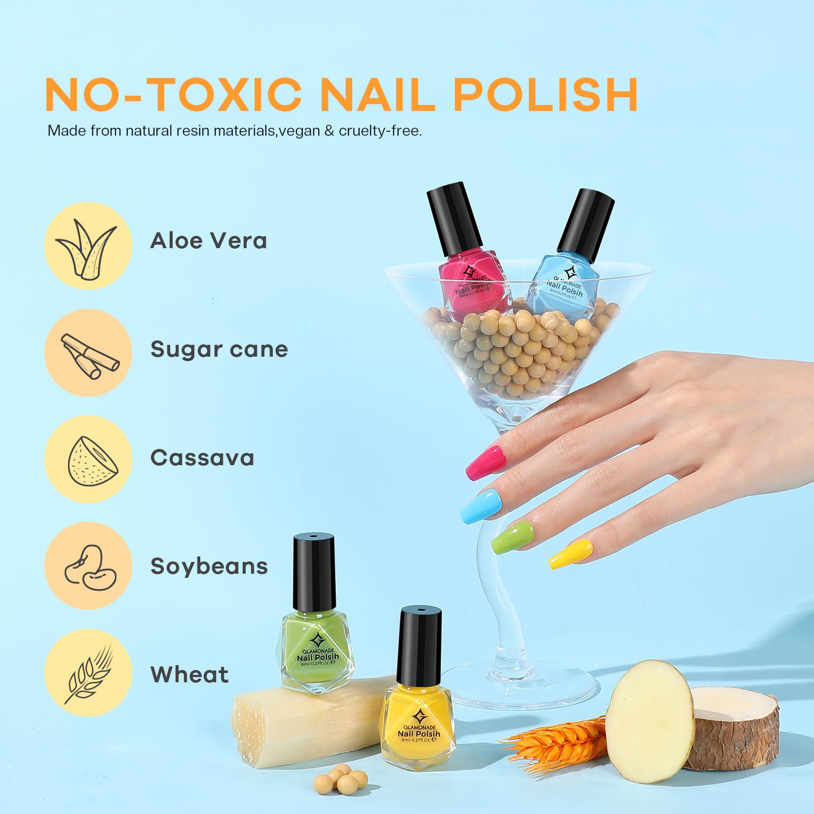 Glamonade summer-ready shades provide vibrant accents for bright nails.