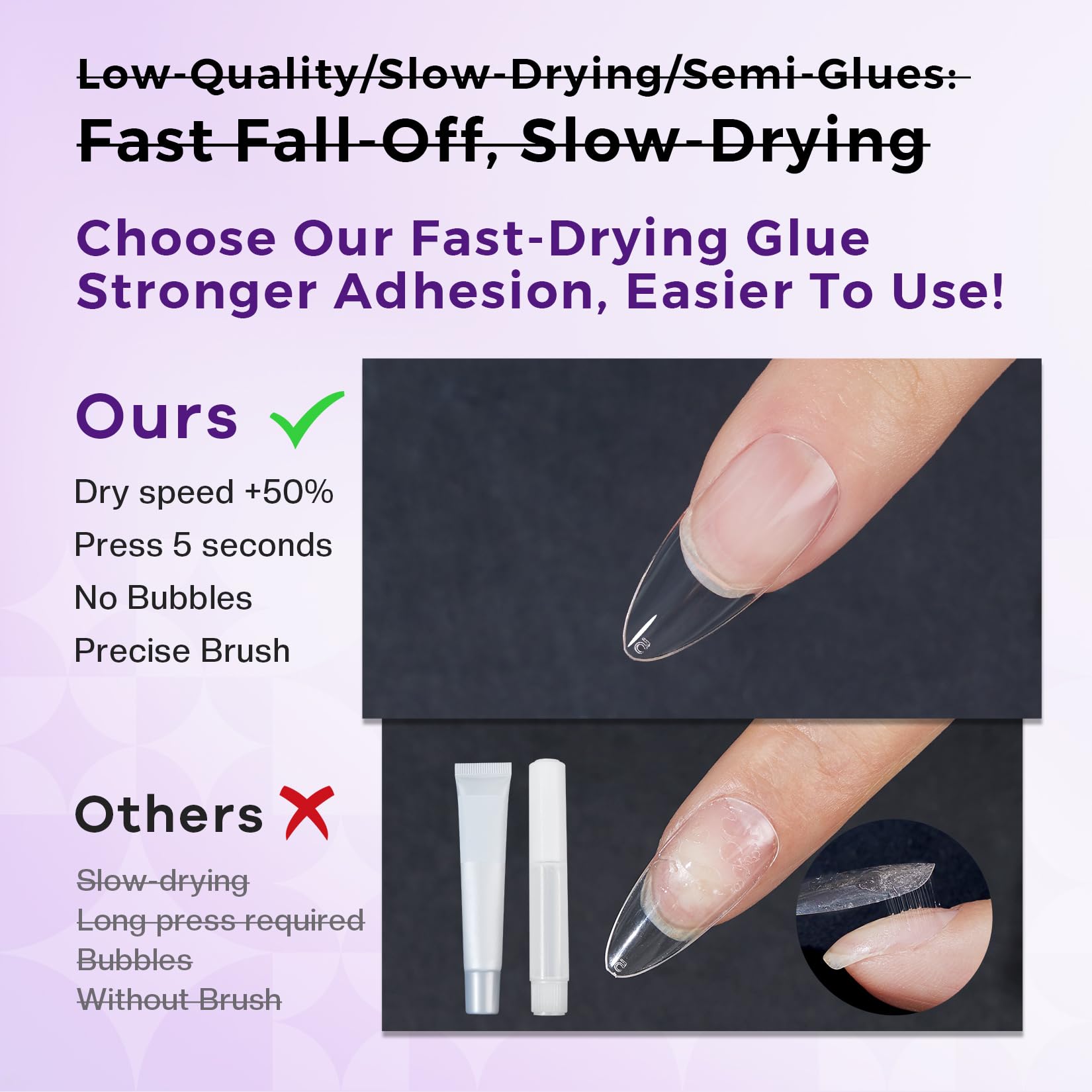 Glamonade glue being applied to a nail tip for quick-dry bonding.