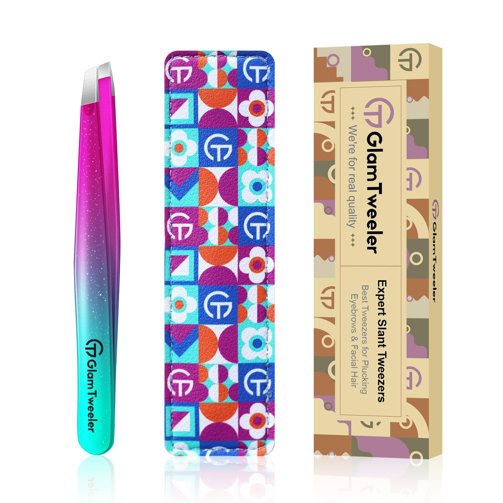 GlamTweeler Expert Slant Tip Tweezers closeup for precise removal of fine hairs.