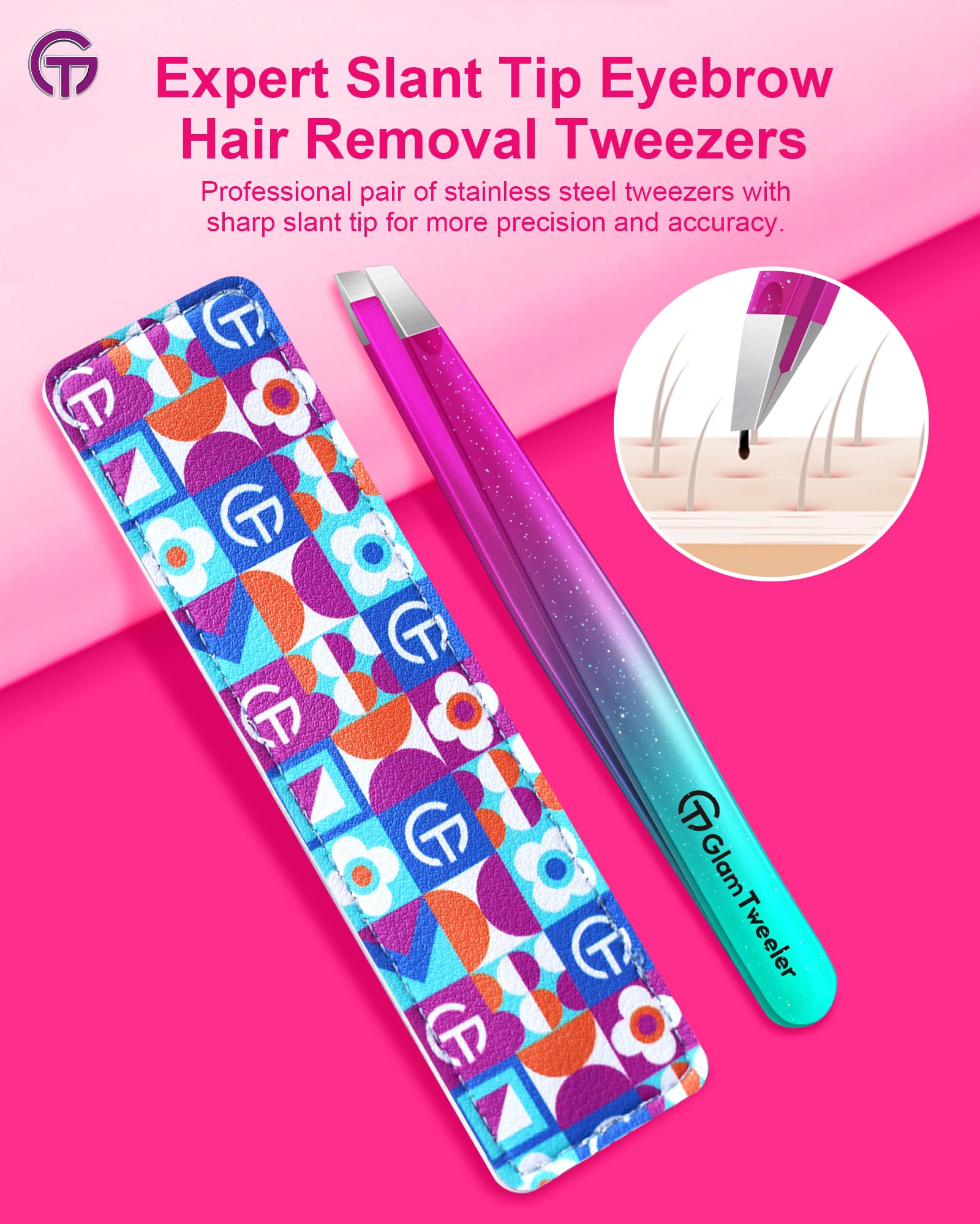 GlamTweeler tweezers in hand demonstrating ergonomic grip for comfortable grooming.
