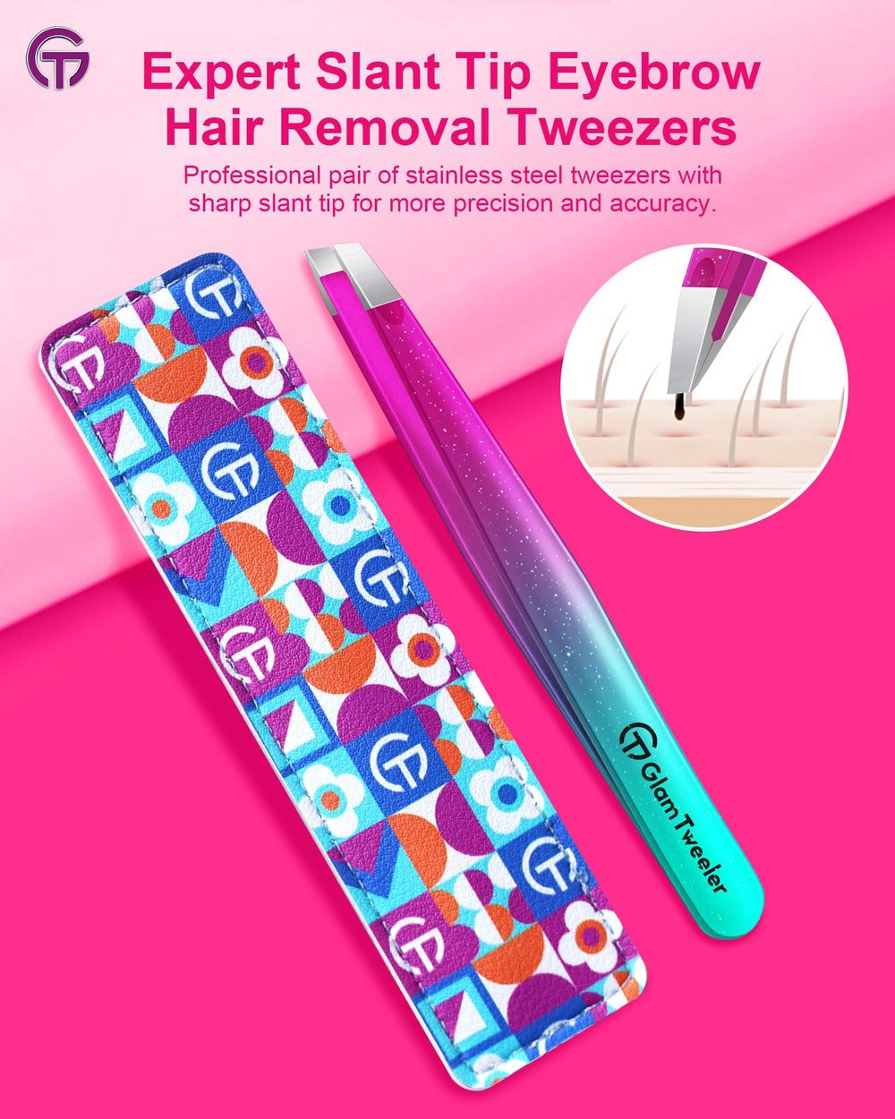 GlamTweeler tweezers in hand demonstrating ergonomic grip for comfortable grooming.