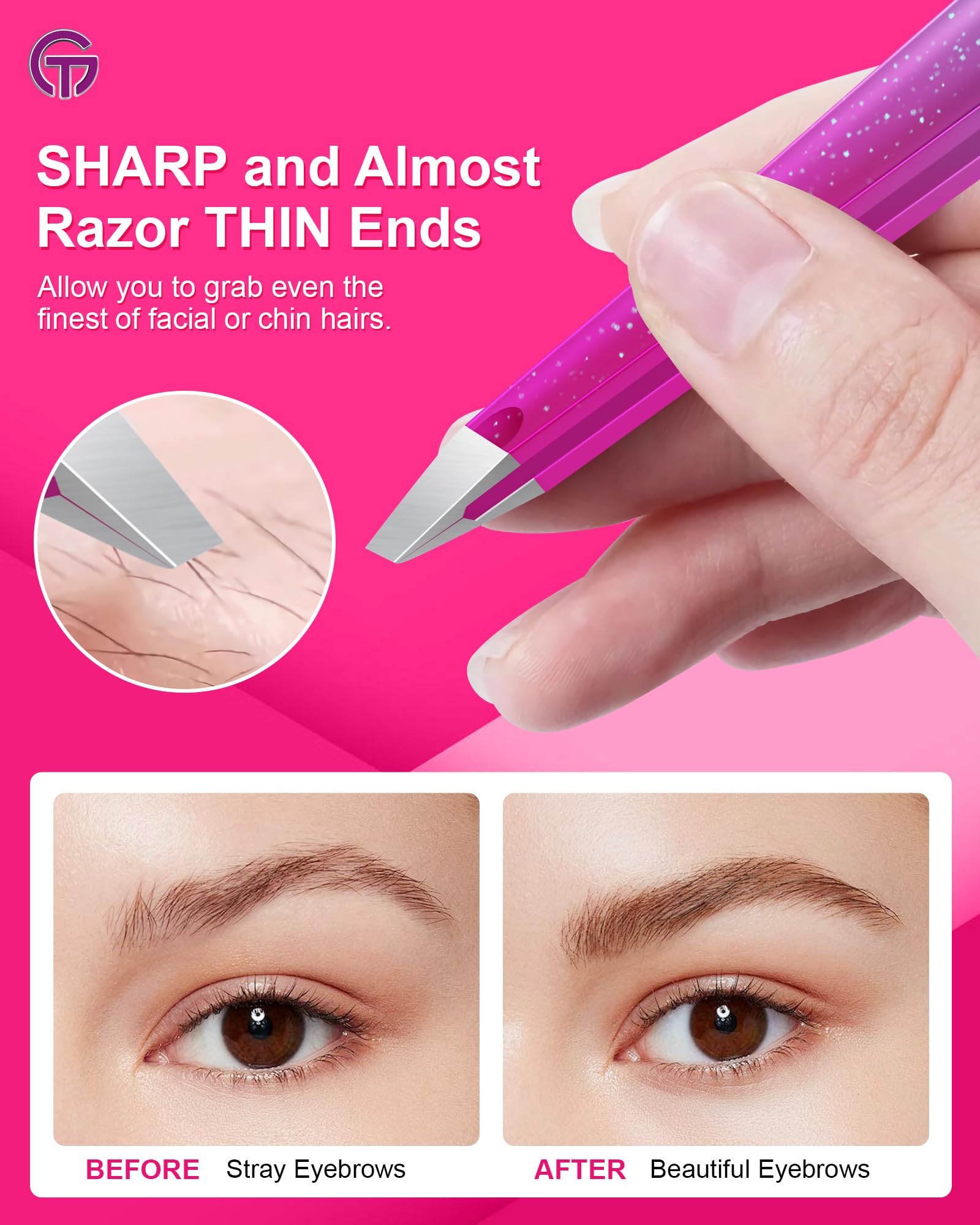 GlamTweeler slant tip detail shows 25° angle for clean grip.