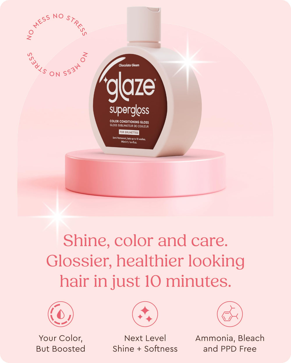 Glaze Supergloss dispensing pump closeup highlights precise, mess-free application.