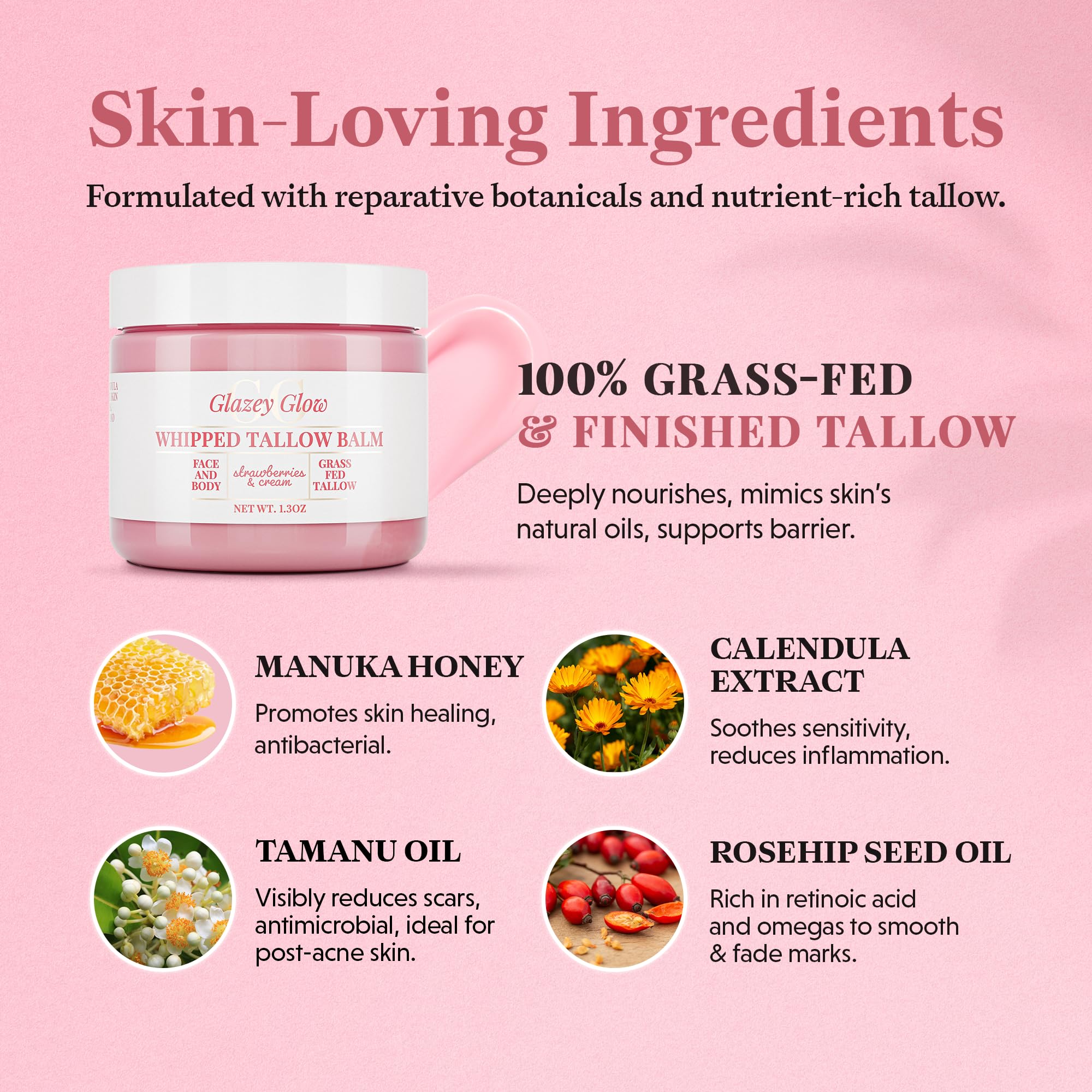 Glazey Glow beef tallow balm pack demonstrates skin-friendly formula.